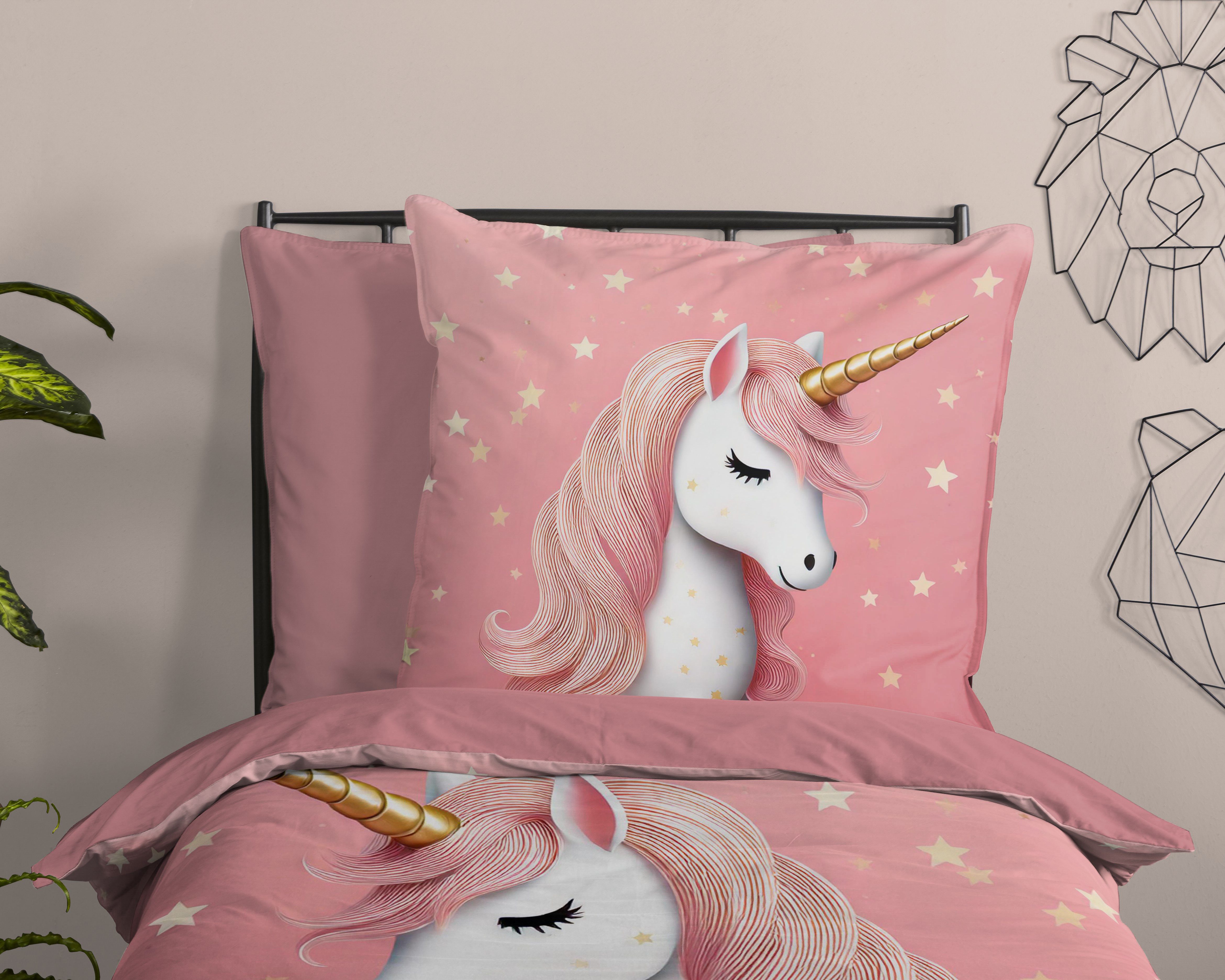 PURE luxury collection Kinderbettwäsche Sparkles, Microfaser, 2 teilig, Mikrofaser, 135x200, 2 Teilig, Wendeoptik, Mädchen, Einhorn, Rosa