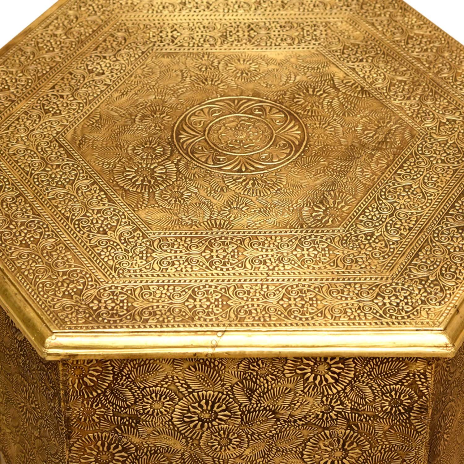 Targa komplett Tisch Ø mit Beistelltisch Gold in Orientalischer (Holz Messingintarsien Moro Casa sechseckig Höhe 46cm Look Sofatisch marokkanischer Antik Couchtisch verkleidet),