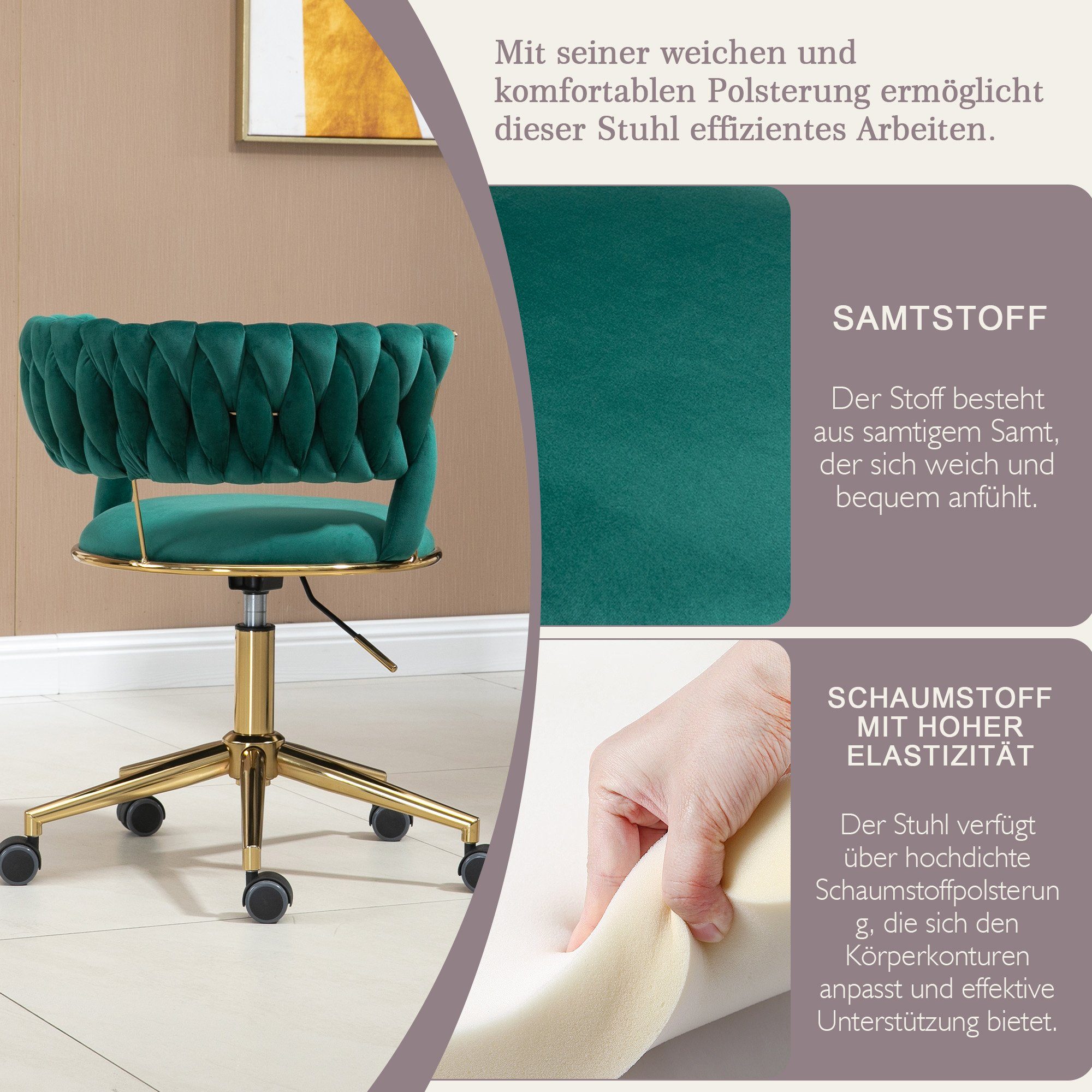 REDOM Drehstuhl Bürostuhl Arbeitszimmer Stoff-Bürostuhl drehbarer St), Polsterstuhl, für Grün Samt Schlafzimmer, Büro, (1 Bürostuhl 360°