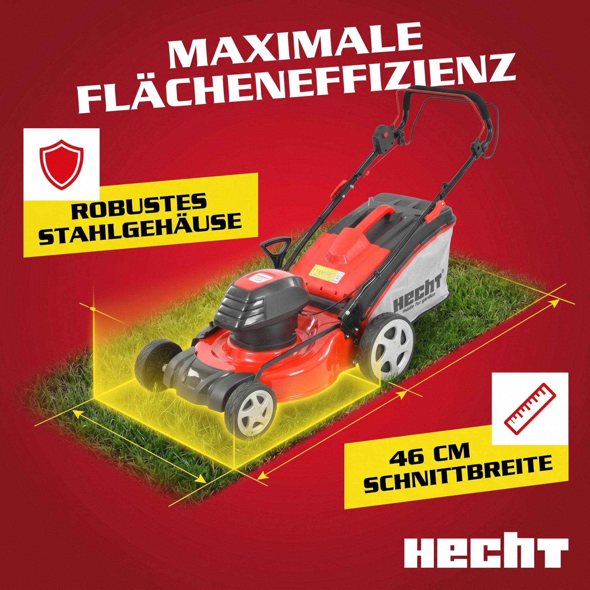 Hecht Elektrorasenmäher mit Radantrieb 1800 W 5in1 50 Liter Fangkorb, 46 cm Schnittbreite, Schnitthöhenverstellung - Mulchkit - 3,3 km/h – Bild 5 von 5