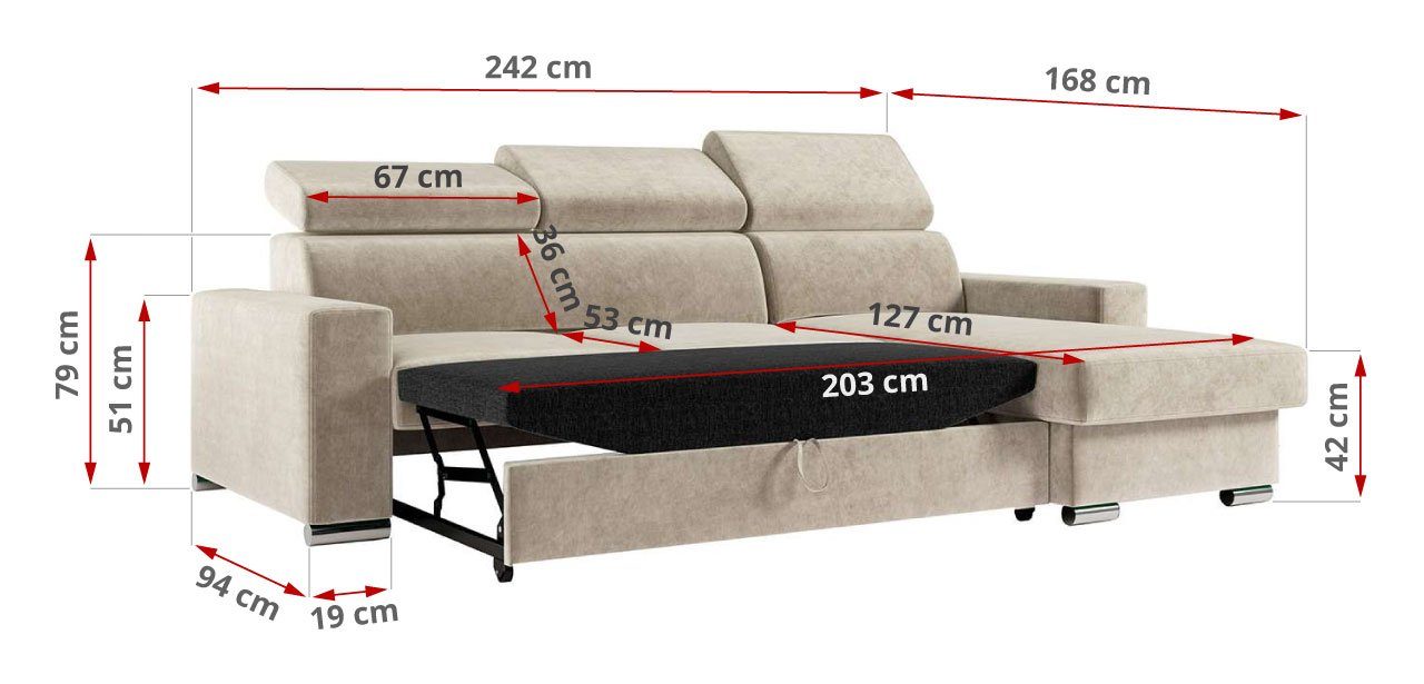 MKS MÖBEL Ecksofa FOX, Form Wohnlandschaft - L Schlaffunktion, Bettkasten mit - Couch