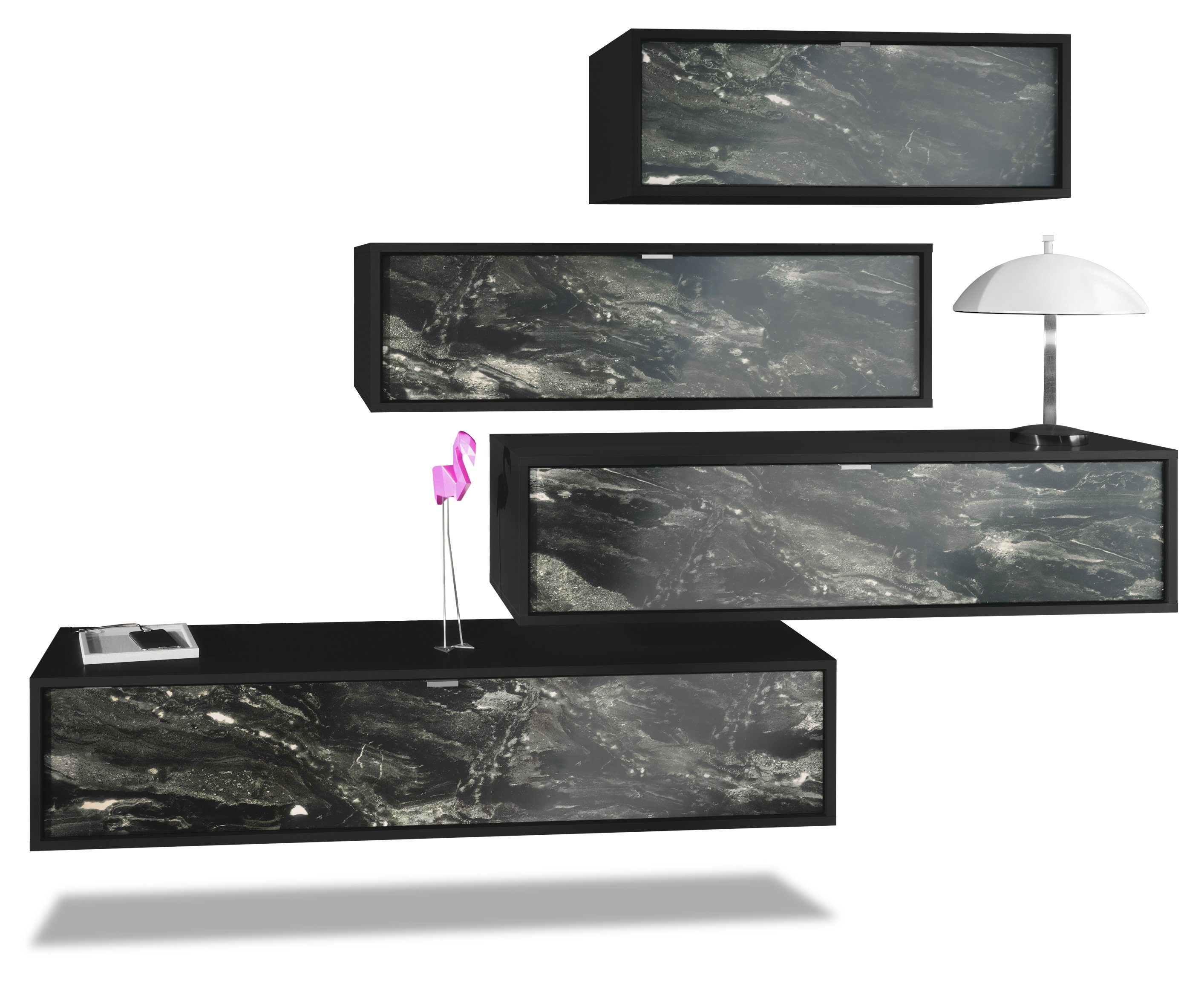 Vladon Wohnwand Lana, (Anbauwand, bestehend aus 4 Hängeelementen mit 10 Fächern), Schwarz matt/Marmor Graphit (210 x 170 x 37 cm) Fronten in Marmor Graphit