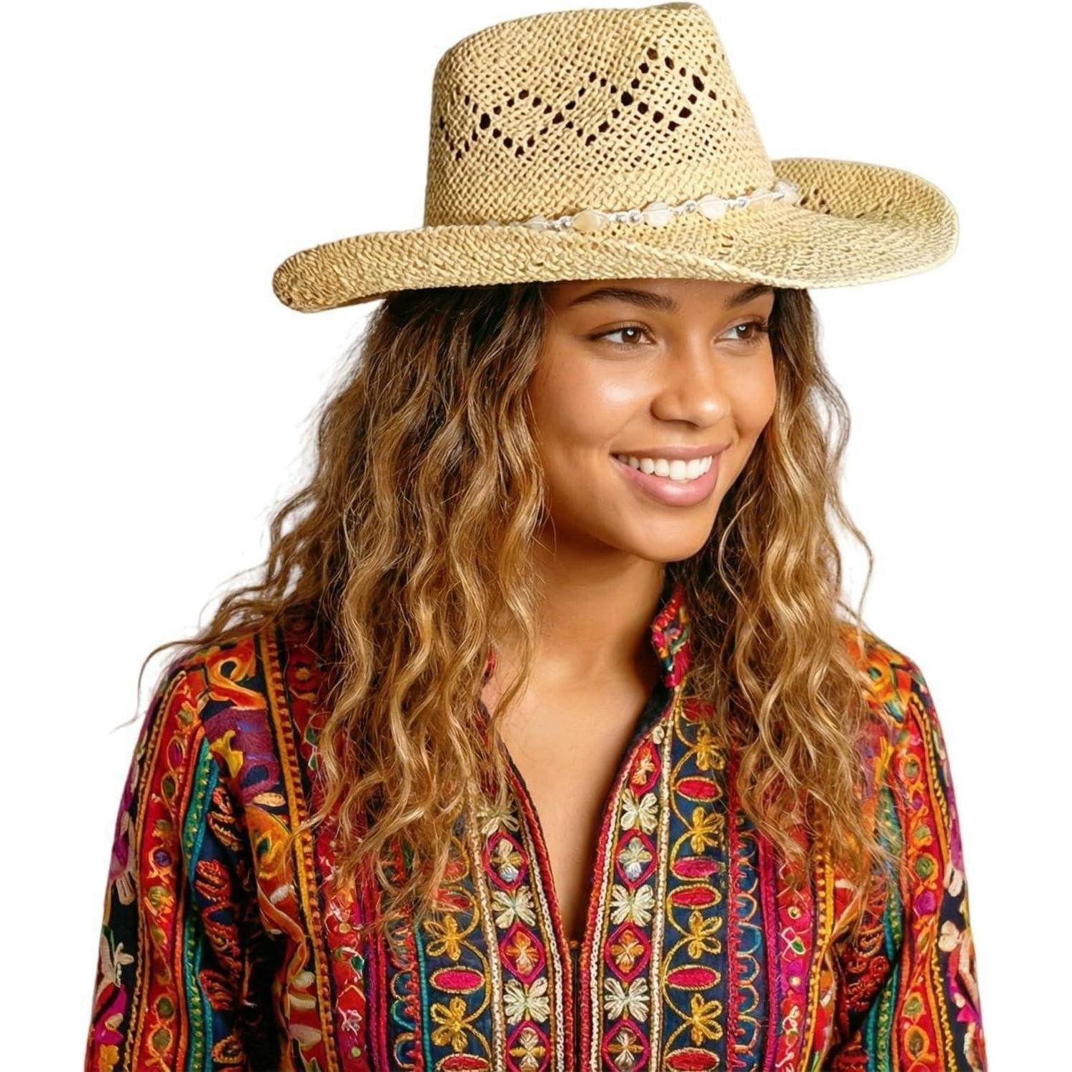 LuxusKollektion Cowboyhut Cowboyhut Stroh Damen Cowgirl Western Einheitsgröße-M Beige