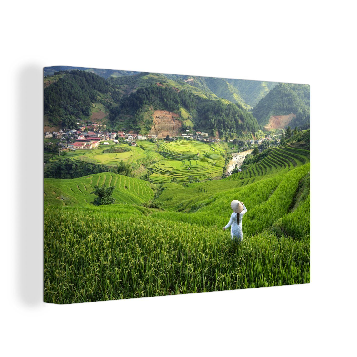 OneMillionCanvasses® Leinwandbild Frau in einem Reisfeld in Indonesien, (1 St), Wandbild Leinwandbilder, Aufhängefertig, Wanddeko, 30x20 cm