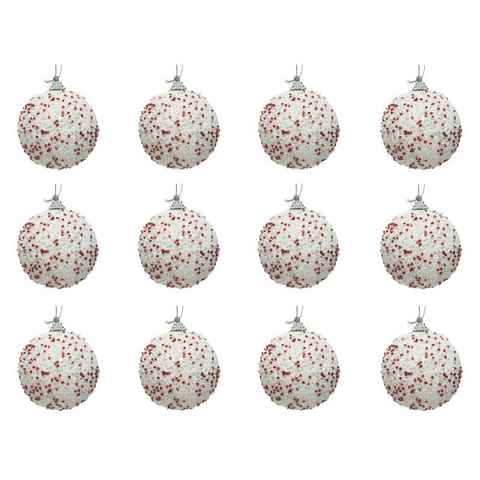 Decoris season decorations Weihnachtsbaumkugel, Weihnachtskugeln Kunststoff mit Perlen 8cm weiß / rot, 12er Set