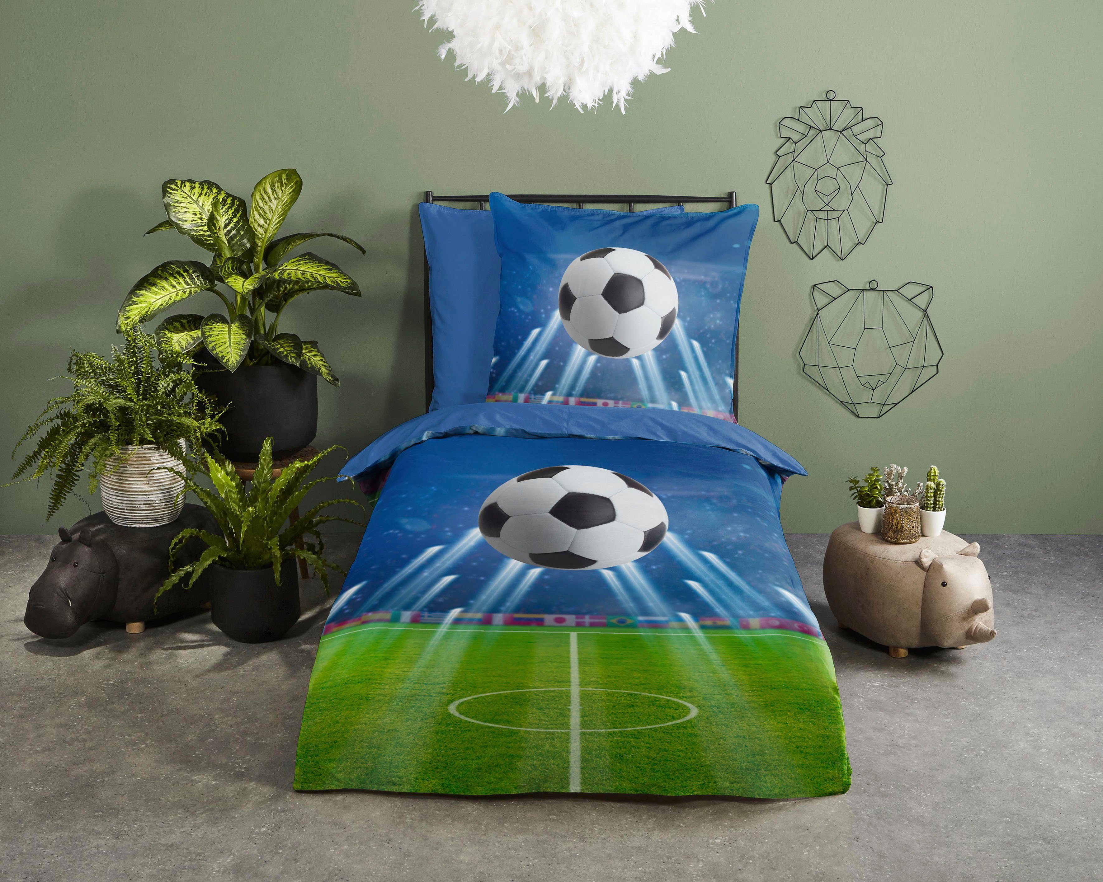 good morning Kinderbettwäsche Goal, Renforcé, 2 teilig, Baumwolle, 135x200, Reißverschluss, Wendeoptik, Kind, Junge, Fußball