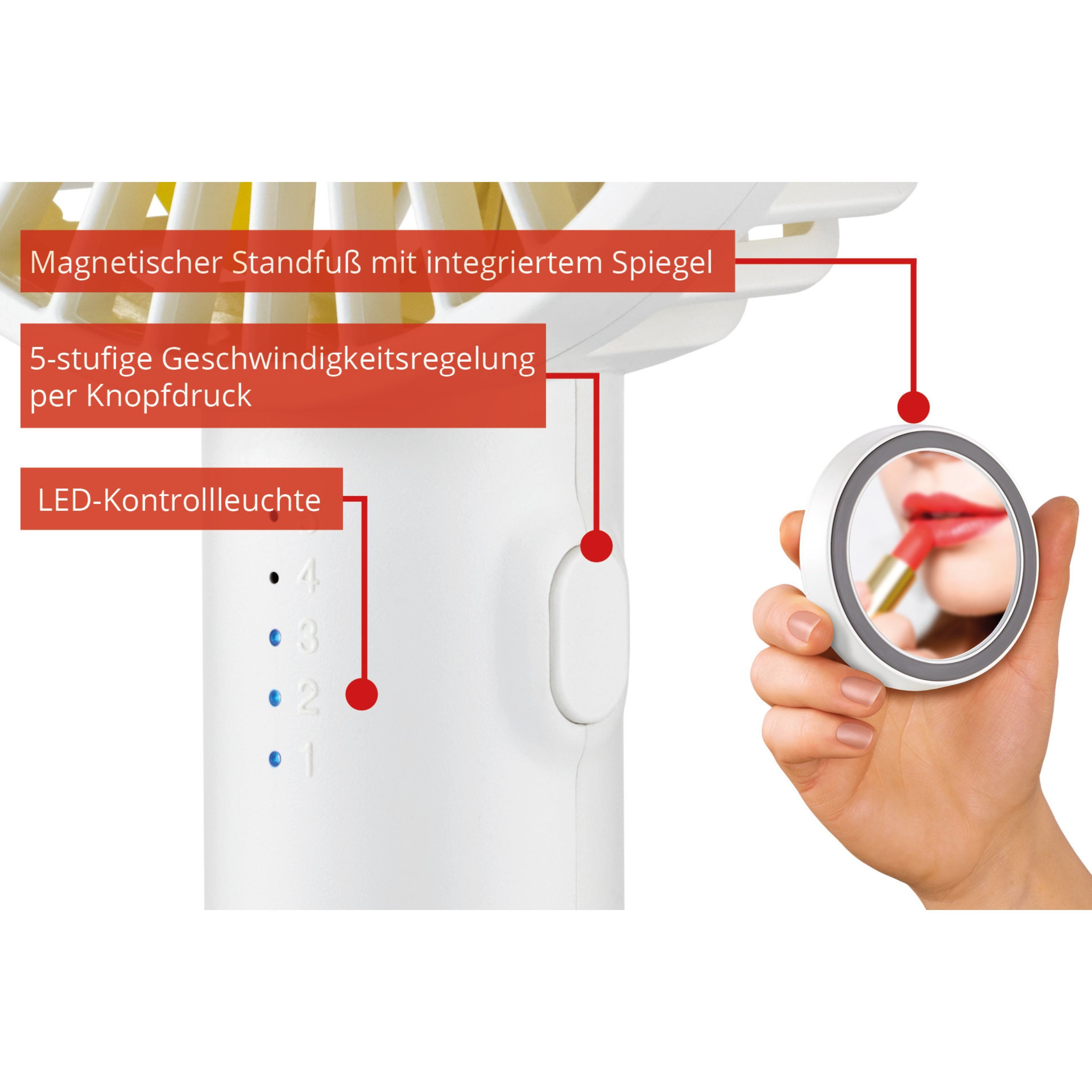 Unold Handventilator Breezy II, 5-stufige Geschwindigkeitsregelung integrierter Spiegel