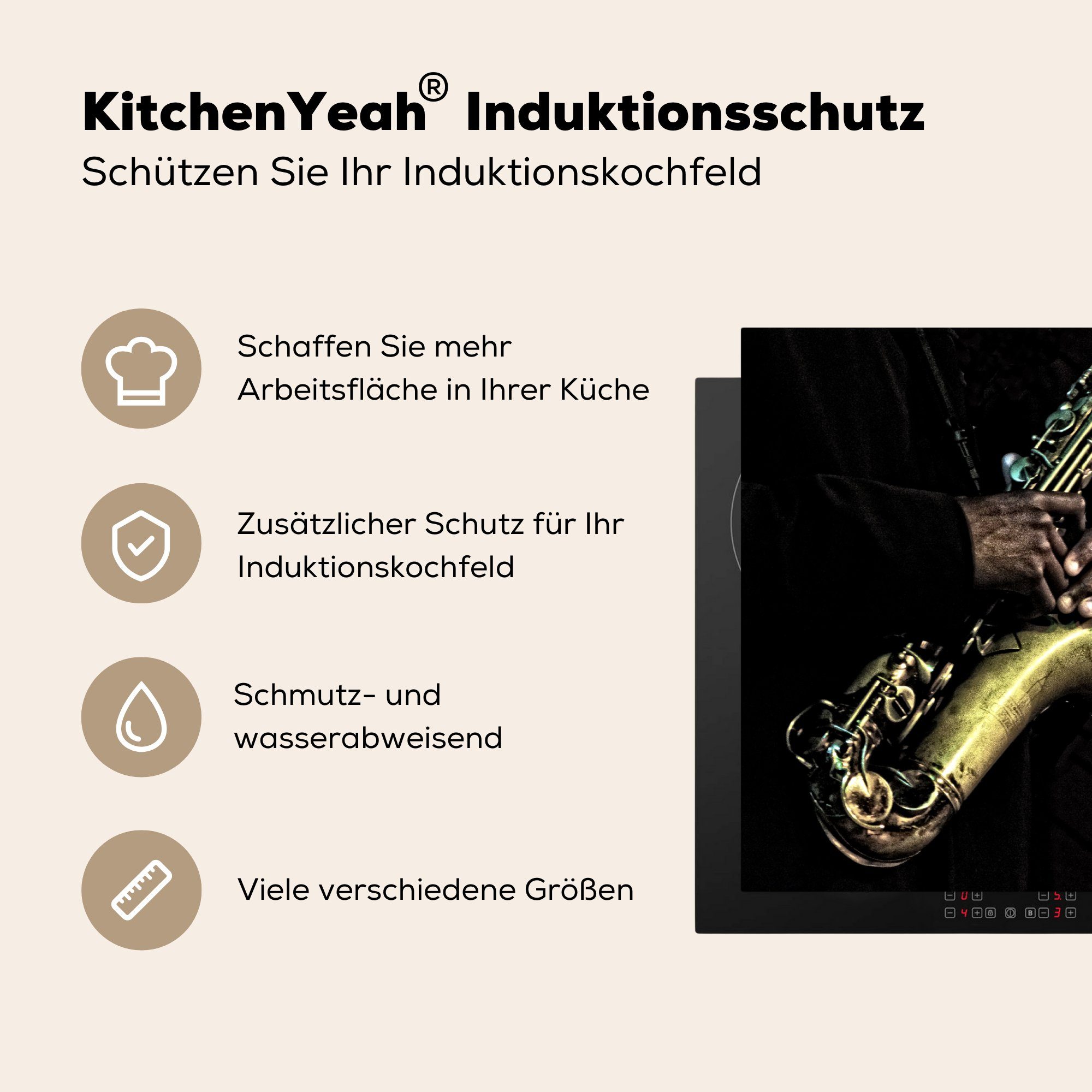 Schutz für Vinyl, Induktionskochfeld die Saxophonisten, Hände Herdblende-/Abdeckplatte eines (1 81x52 tlg), MuchoWow cm, küche, Ceranfeldabdeckung