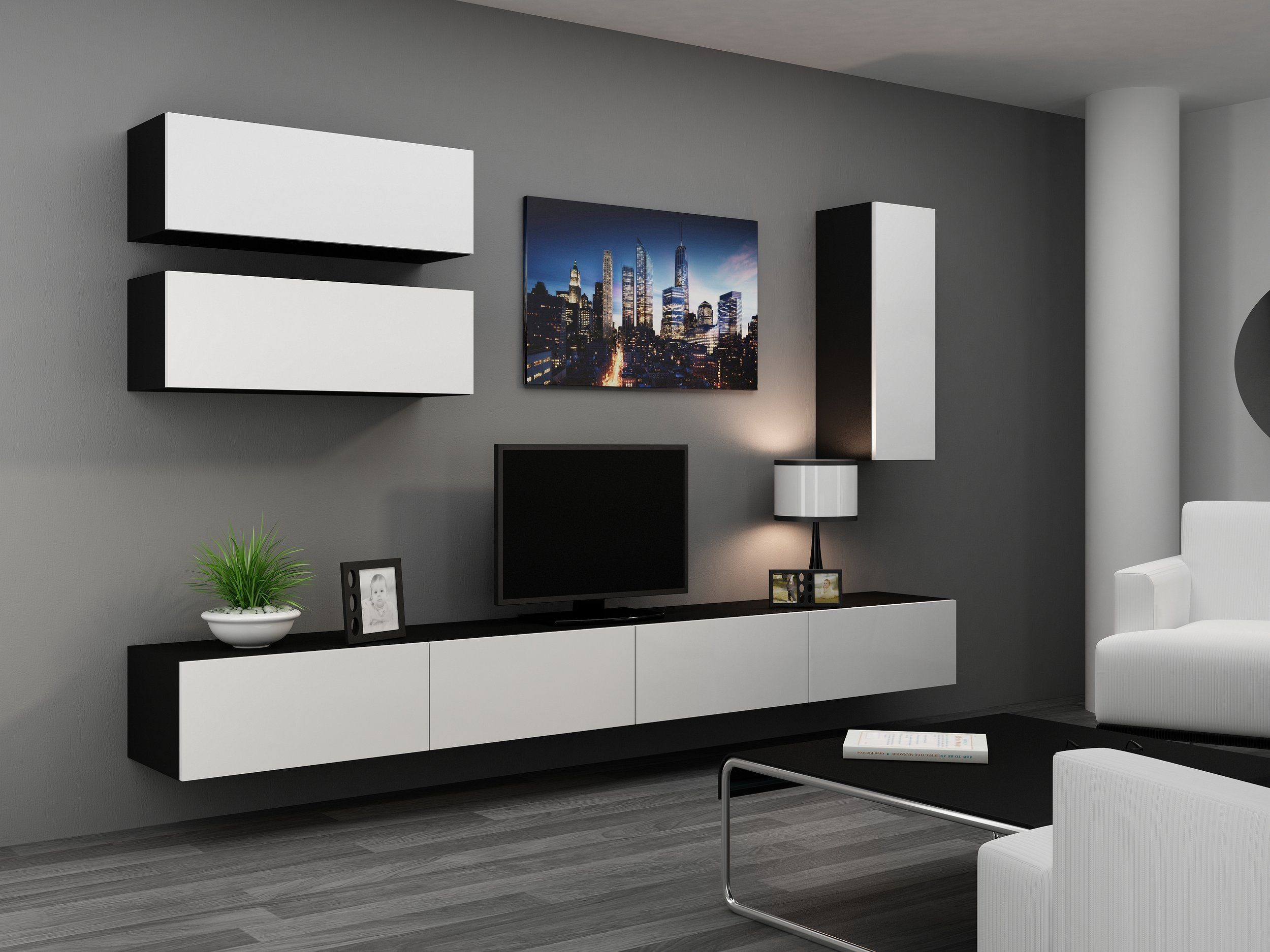 Stylefy Wohnwand Vago Design Modern aus XIII, und (Set Wohnzimmer-Set), Schwarz/Weiß Hochglanzfronten, bestehend 2xLowboard Wohnmöbel, 3xHängeschrank, Push-to-Open, mit (5-St)
