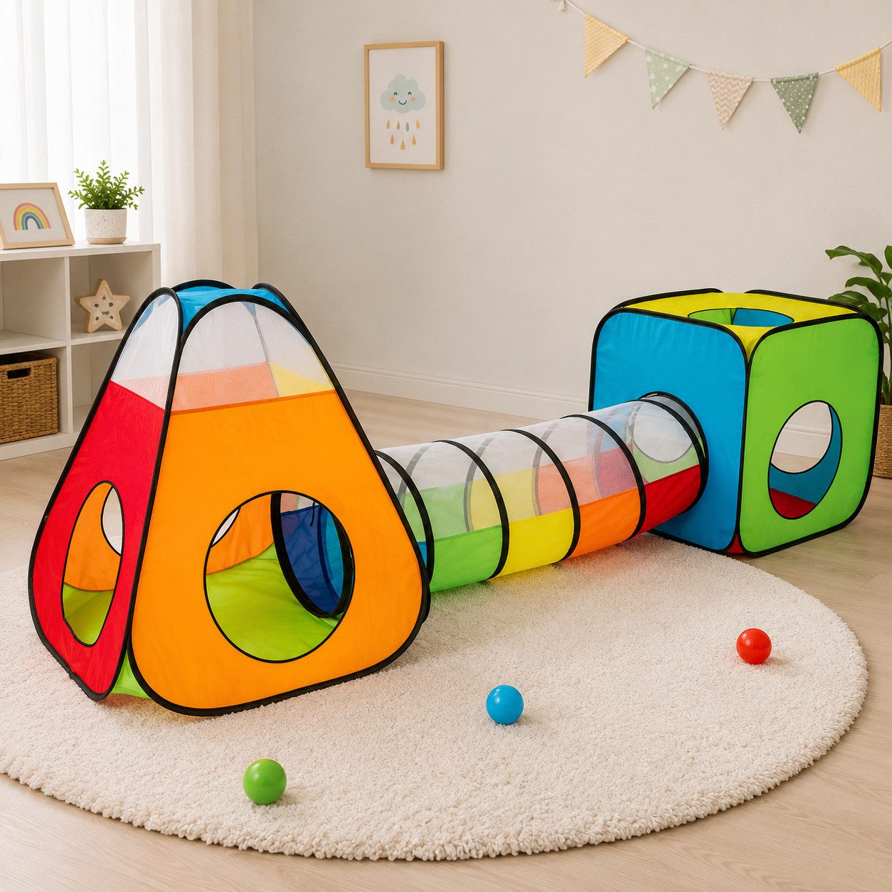 ALARA TOYS Spielzelt 3-in-1 Kinderzelt mit Würfel, Pyramide und Tunnel