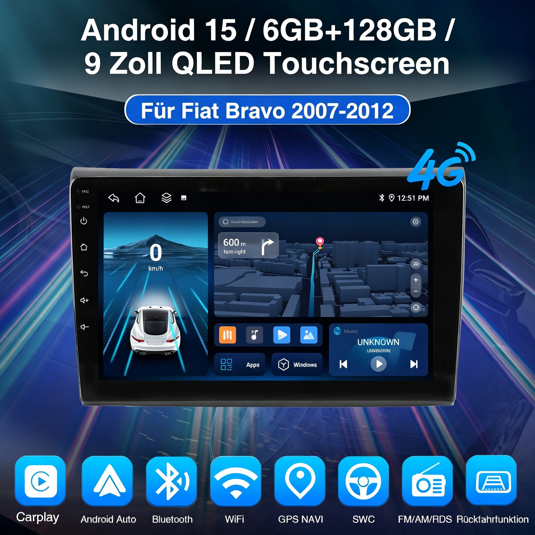 ESSGOO 8Core DAB+ 9'' 6+128G Android15 Für Fiat Bravo II 2007-2012 Carplay BT Autoradio (RDS, 6GB+128GB, 4G LTE, Digitalradio (DAB), DAB (optional), FM, 8-Core, SWC, Apple Carplay Android Auto GPS Navi WIFI BT EQ)