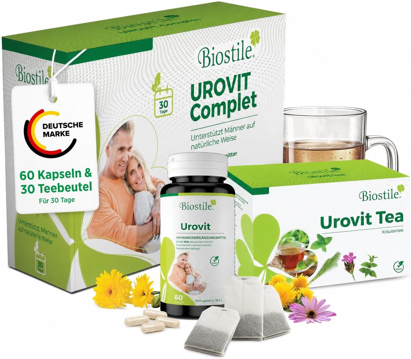 Biostile Urovit Prostata Blase Kur für Männer mit Kapseln und Tee Komplett Set, 101 g, Mit Zink, Selen und Vitamin E, 30 Tage Set