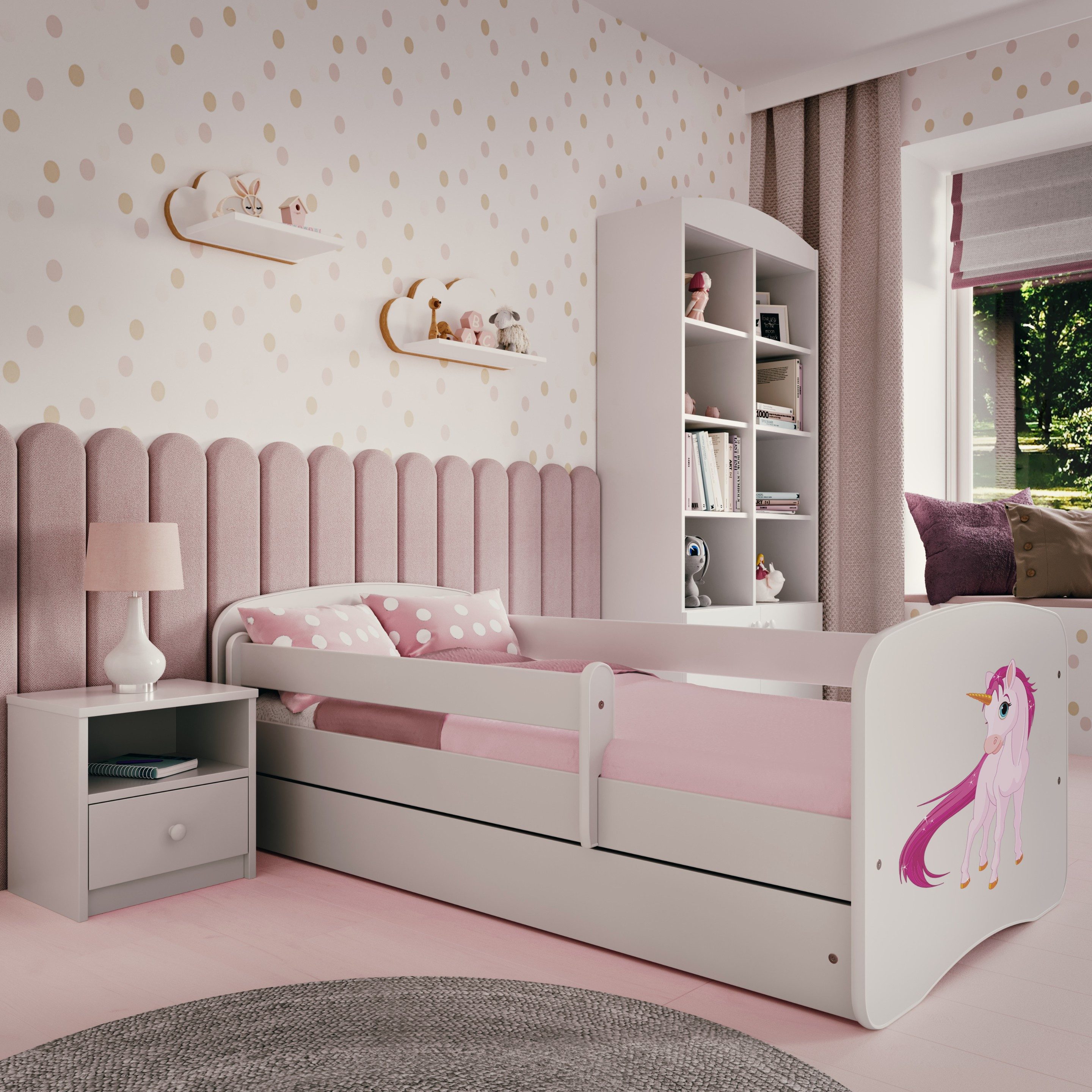 Raumhirsch Furniture Kinderbett 70x140, 80x160, 80x180 cm - Komplettset mit Matratze & Schublade (Bett für Mädchen, Einzelbett Kinder 2–12, mit Rausfallschutz & Lattenrost), verschiedene Farben & Designs