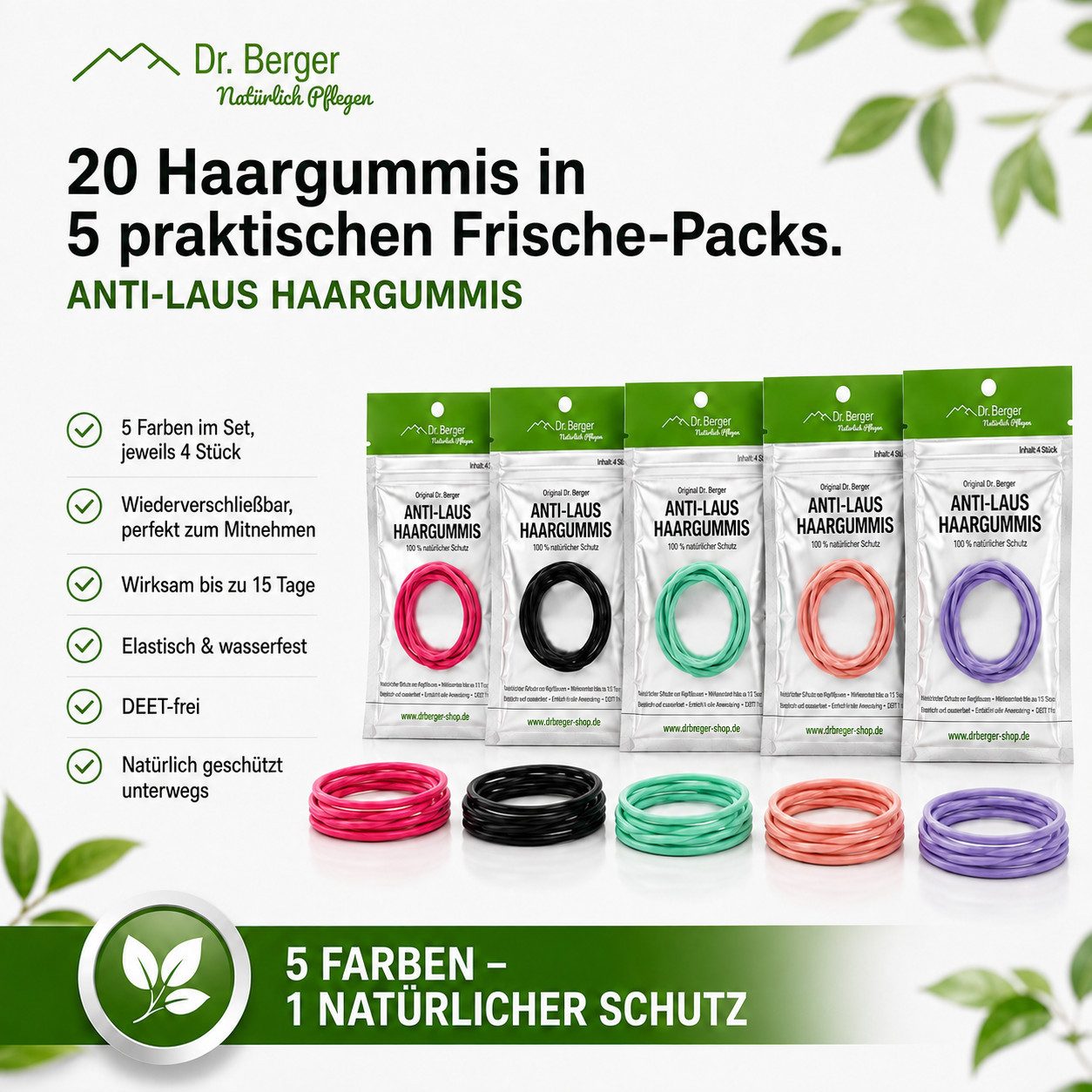 Dr. Berger Haargummi Anti-Laus Haargummis, Spar-Set, 20-tlg., 100 % natürlich - Gesunder und wirksamer Schutz bei Läusen