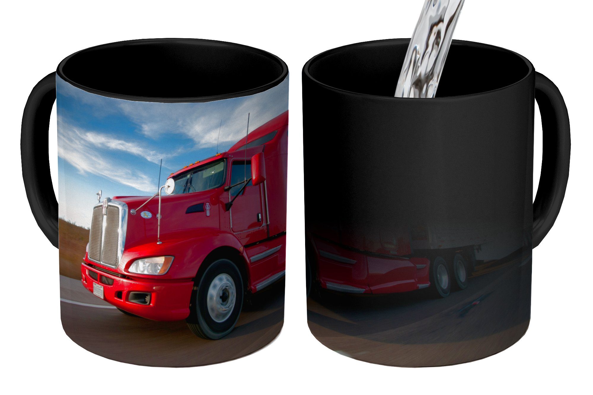 MuchoWow Tasse Roter Lastwagen mit bedrohlichem Himmel, Keramik, Farbwechsel, Kaffeetassen, Teetasse, Zaubertasse, Geschenk