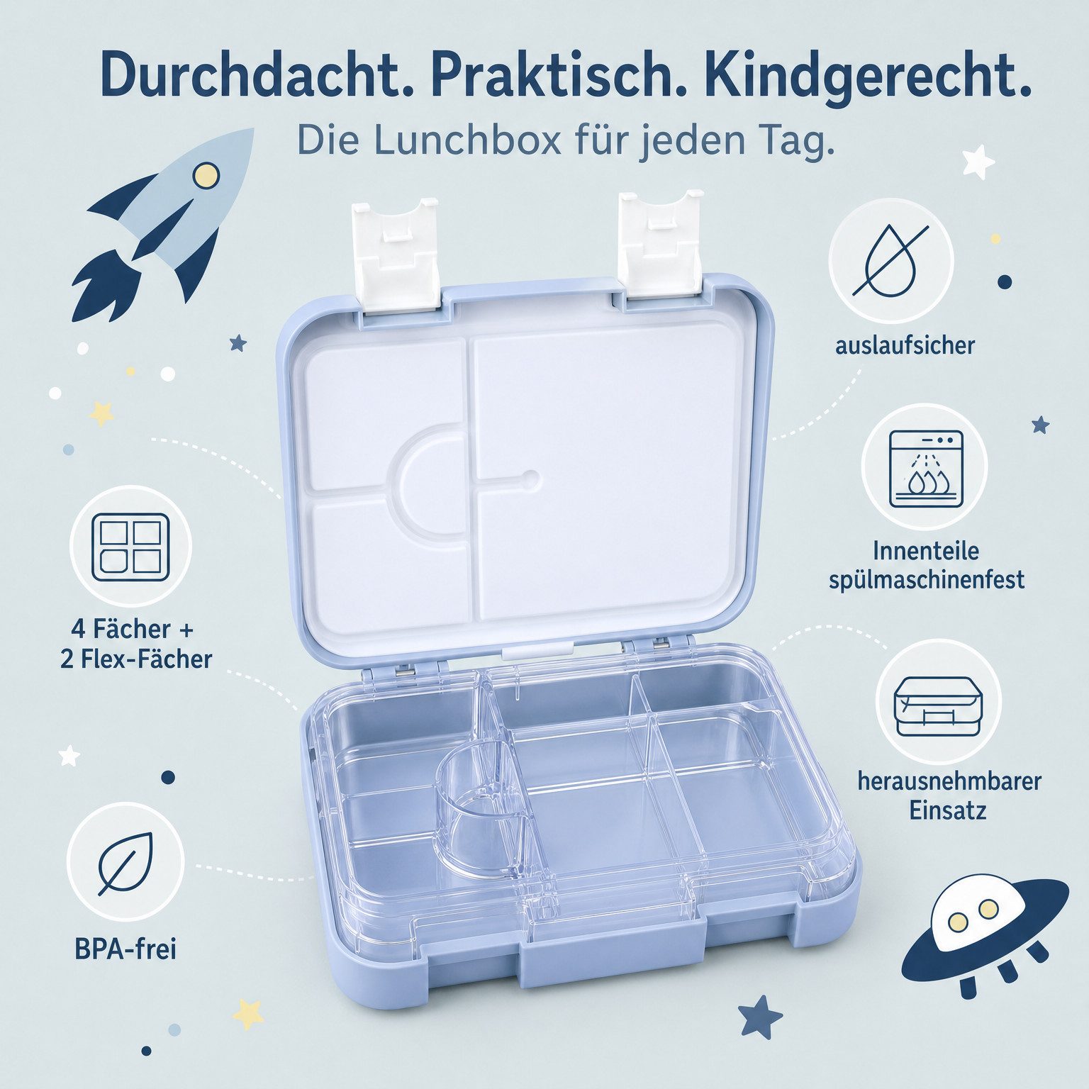JENARD Lunchbox Brotdosen Set Kinder mit Edelstahl Trinkflasche Weltraum, Edelstahl, PP, (Brotdosen- und Trinkflaschen-Set, 2-teiliges Set, Brotdose und Trinkfl – Bild 3 von 5