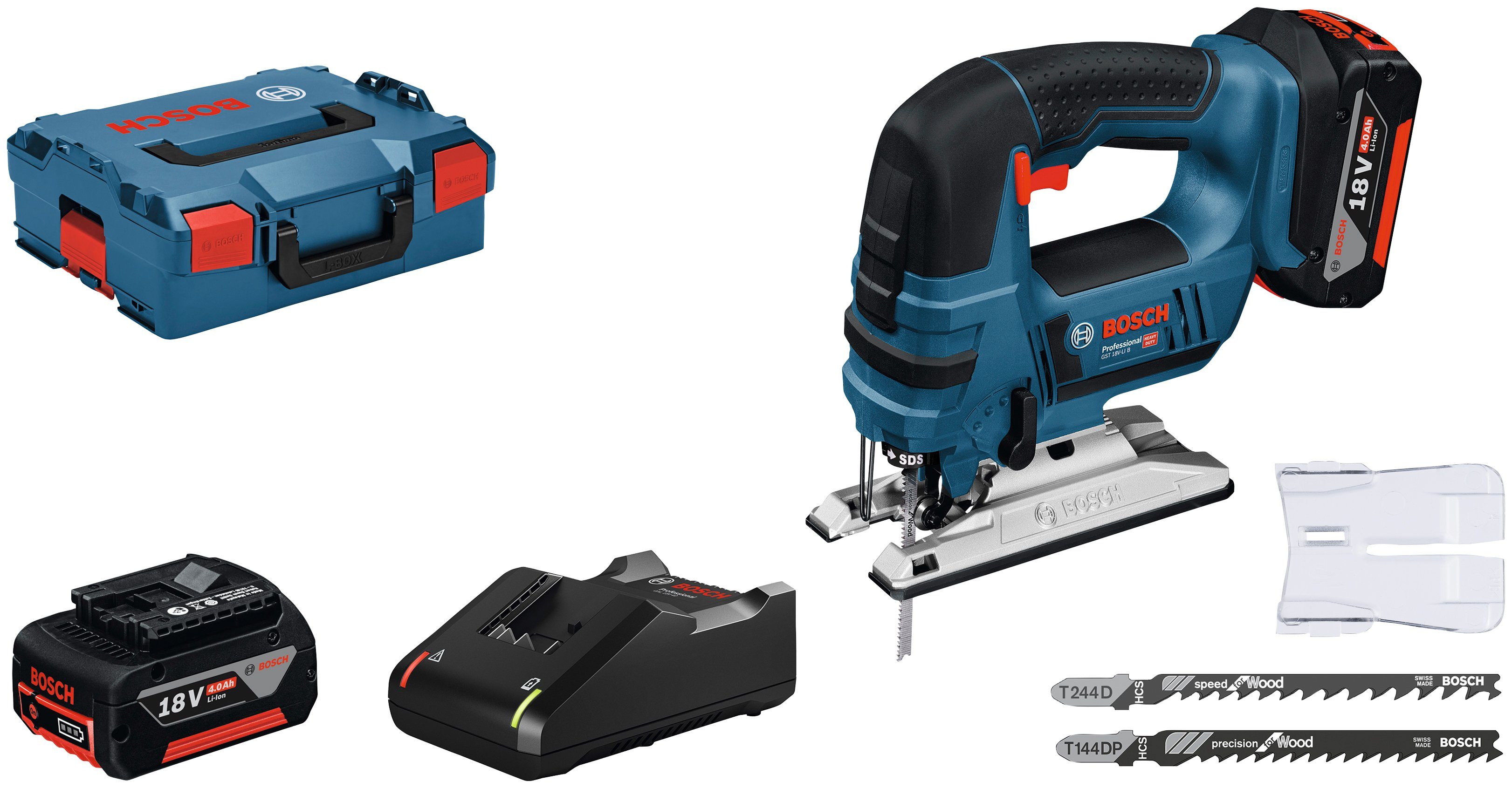 Bosch Professional 18V-LI B, Ladegerät Pendelhubstufen, und Stichsäge mit Akku Set, GST 4