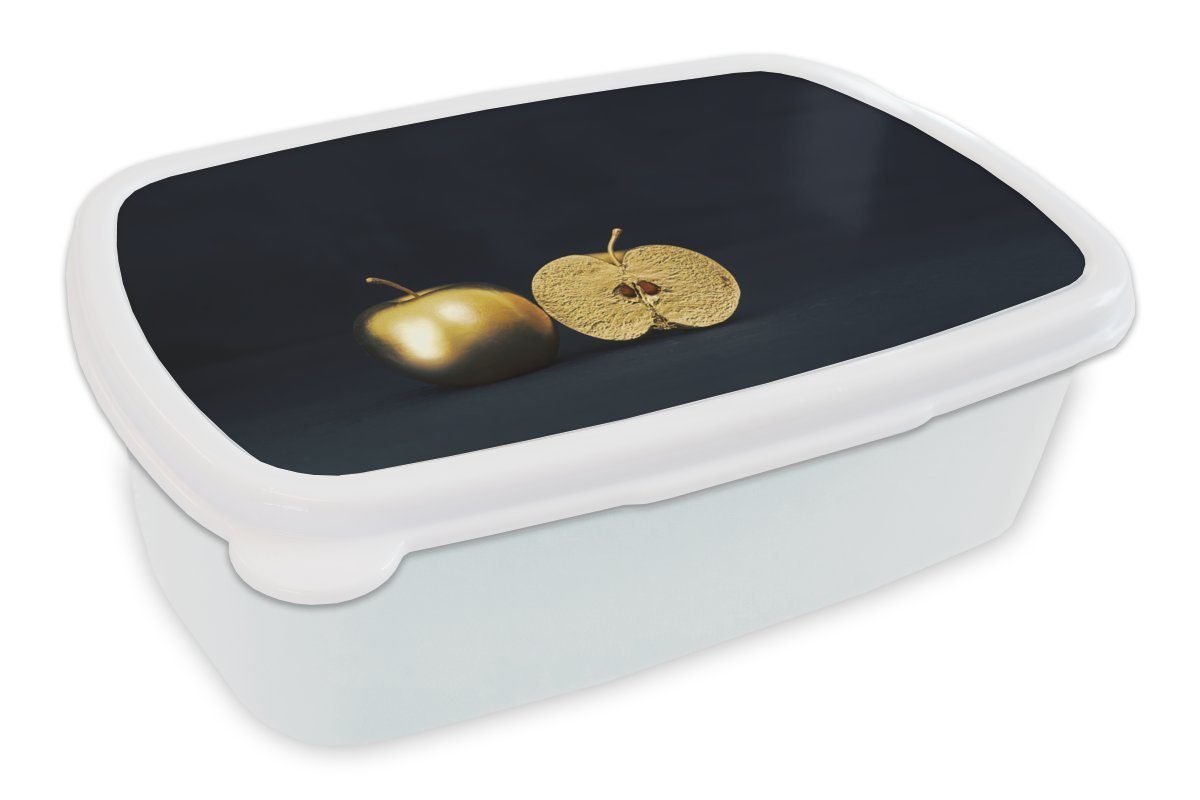 Jungs Kunststoff, weiß Kinder auf Erwachsene, Brotdose, (2-tlg), für Stilleben Lunchbox und und einem Apfel Mädchen Brotbox MuchoWow goldenen für mit Hintergrund, schwarzem