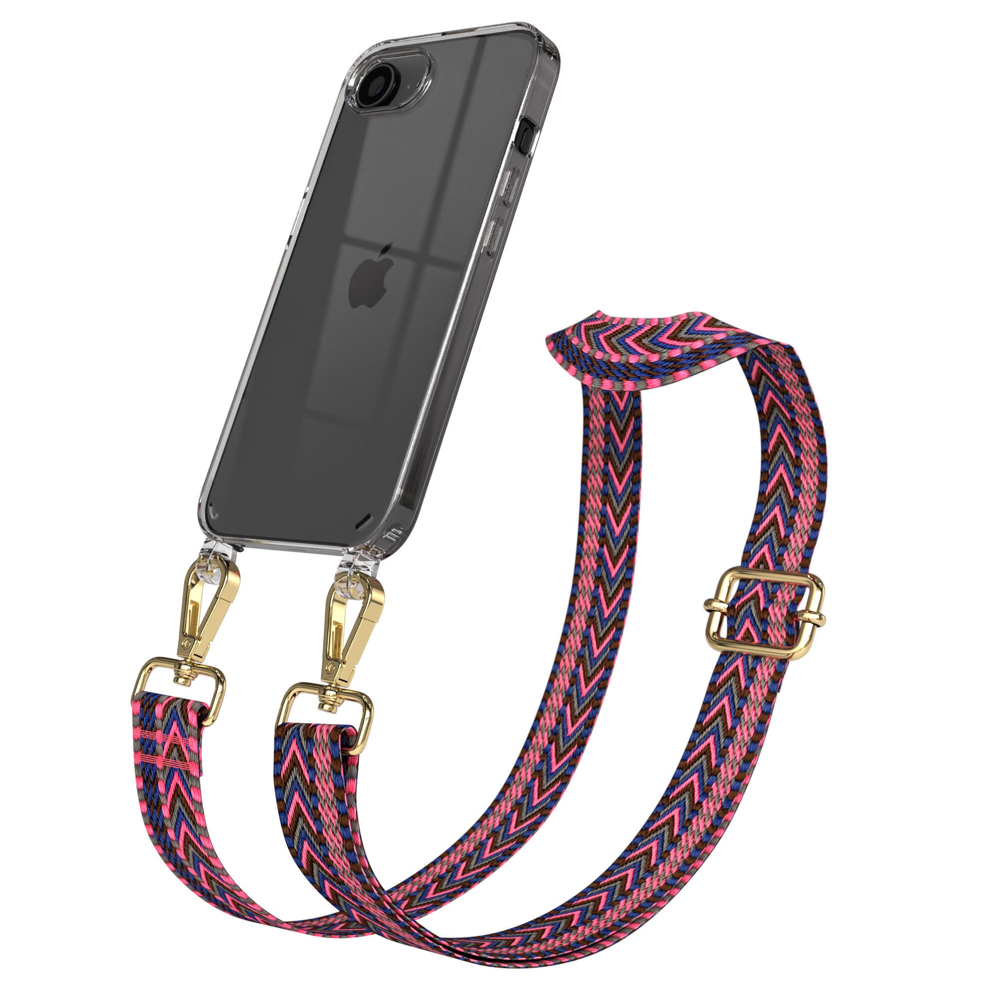 EAZY CASE Handykette Apple iPhone 16e Chain Eyelets Slim Neck Strap Set 6,1 Zoll, Verstellbarer Trageriemen mit Case transparent DIY Gürteltasche Pink