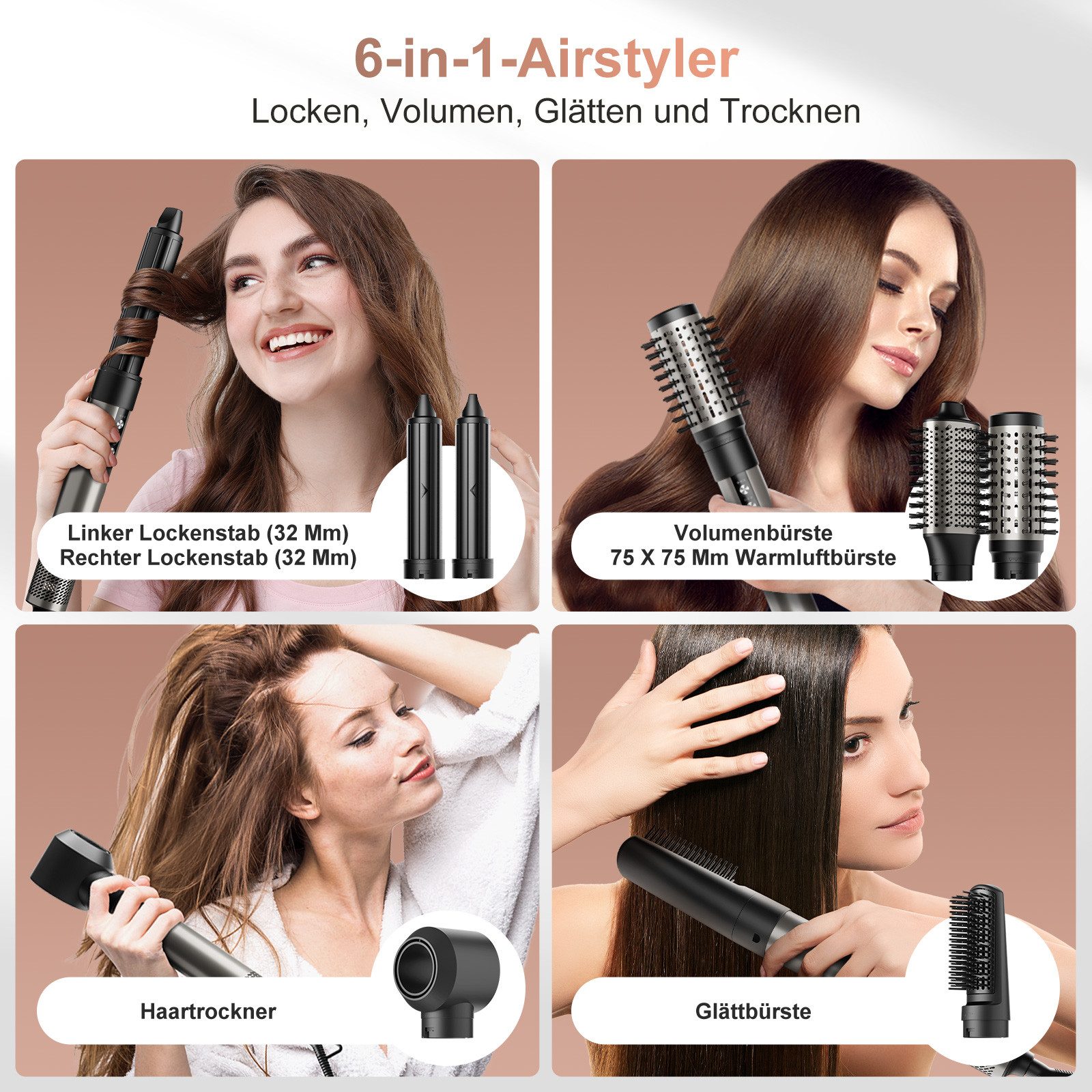 MCURO Warmluftbürste 6-in-1 Haarstyler & Haartrockner 110,000 U/min,Kein Hitzeschaden, Airstyler mit 32mm automatischer Lockenstab,One-Step Volumiser