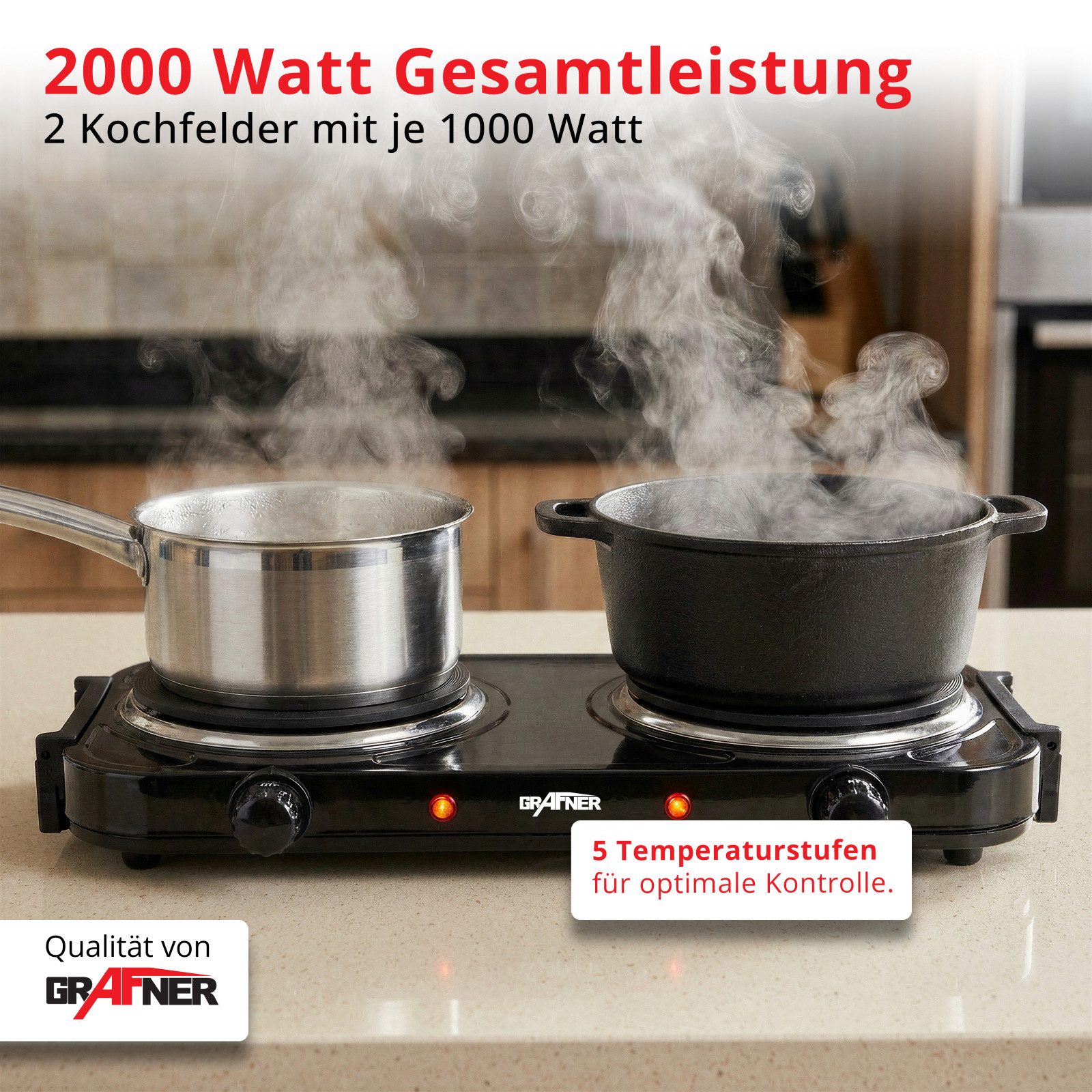 Grafner Doppelkochplatte Grafner® 2000 Watt mit klappbaren Griffen Schwarz, Mobile Herdplatte, Überhitzungsschutz, 2000 Watt
