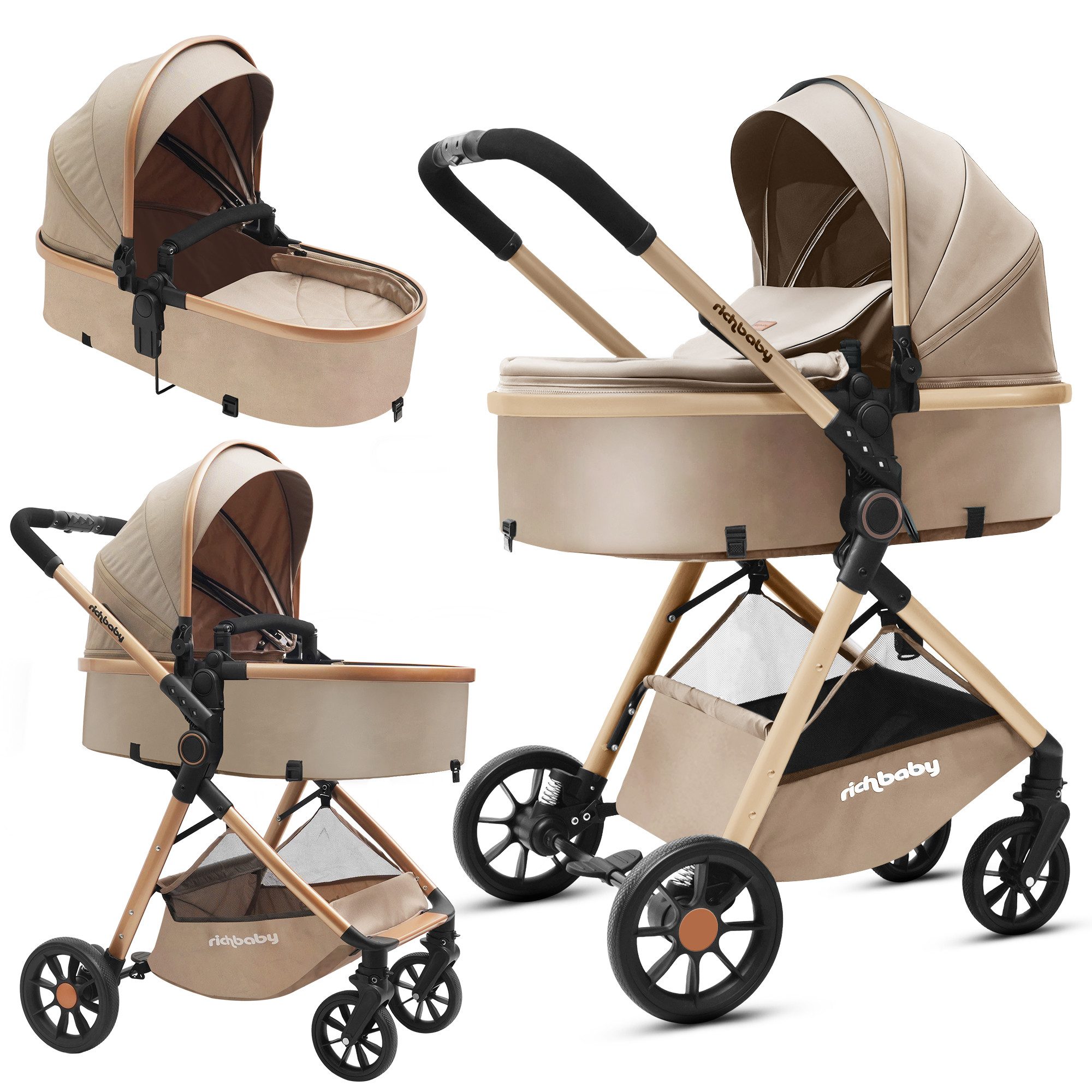 Rich Baby Kombi-Kinderwagen 2 in1 Kombi-Reisekinderwagen & Buggy (0-36 Monate, bis 22 kg), (Kompakt Zusammenklappbar, UV 50+, 5-Punkt-Gurte), Vollflächige Liegeposition, Babywanne, Großer Einkaufskorb Komplettset