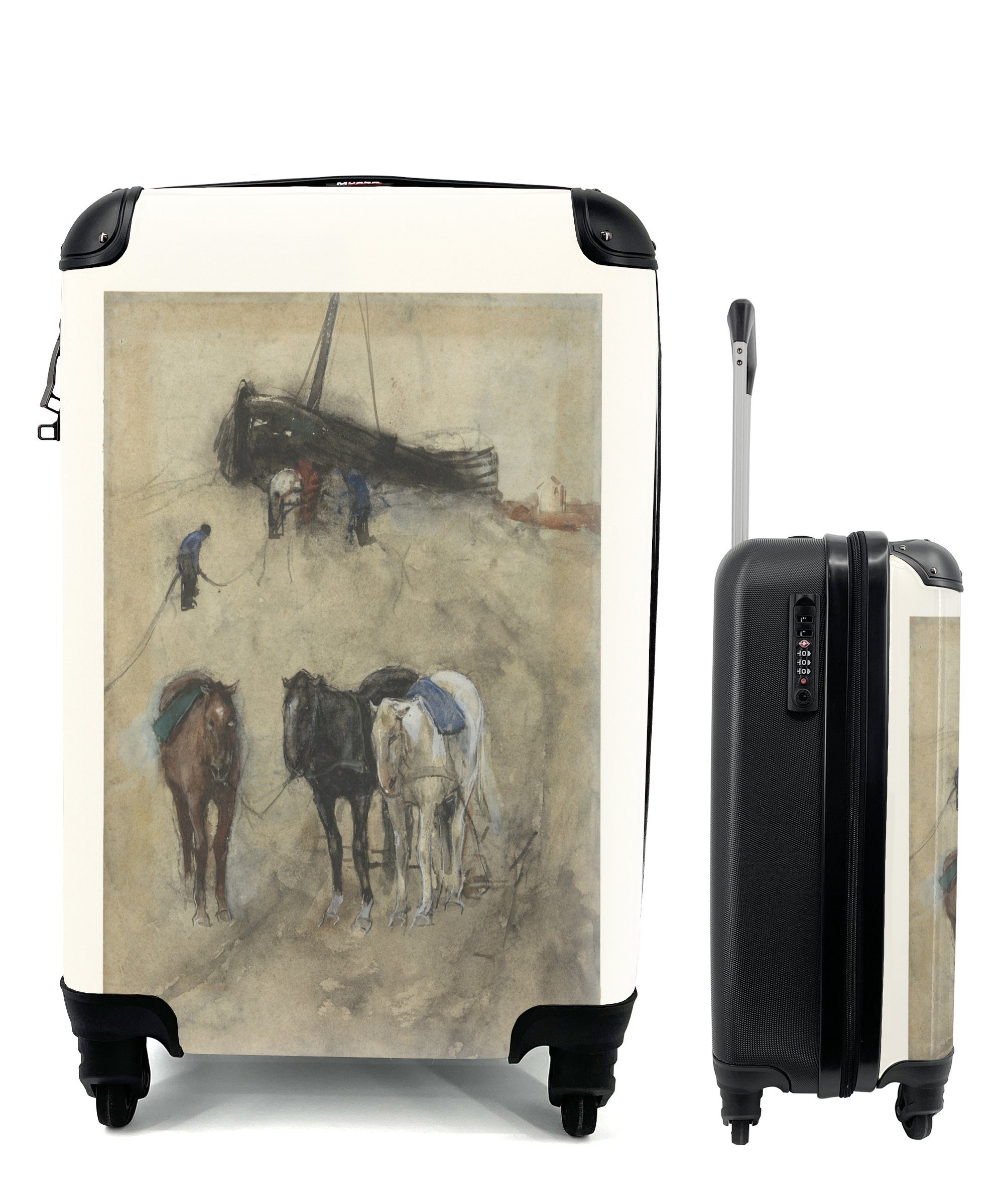 MuchoWow Handgepäckkoffer Pferde am Strand mit einem Kahn und Fischern im Hintergrund - Gemälde, 4 Rollen, Reisetasche mit rollen, Handgepäck für Ferien, Trolley, Reisekoffer