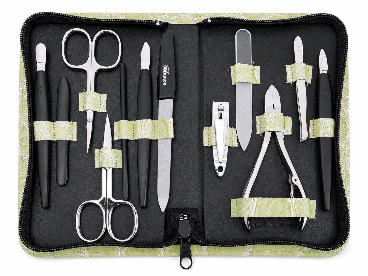 EloModa Maniküre-Kosmetik-Etui 12teiliges Solingen* Maniküre Set mit Leder-Etui Nagelpflege, Made in, 12 tlg., Made in Germany, Solinger Qualität, Echtleder-Etui, Gehärteter Stahl