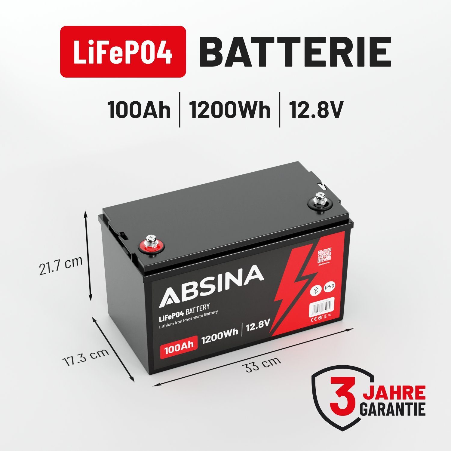 ABSINA BMS LiFePO4 100Ah 12V Akku Bluetooth Versorgungsbatterie  wartungsfrei Solarakkus (12.8 V) | Standard-Akkus