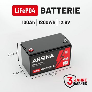 ABSINA BMS LiFePO4 100Ah 12V Akku Bluetooth Versorgungsbatterie wartungsfrei Solarakkus (12.8 V)