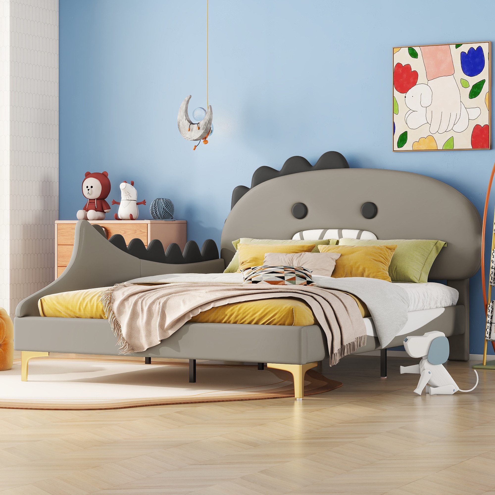 STILVORA Kinderbett 140×200 mit Lattenrost,Dinosaurier Kinderbett Flachbett ohne matratze (Cartoon Dinosaurier Form, Flachbett, kunstleder Material,140x200cm), ohne Matratze