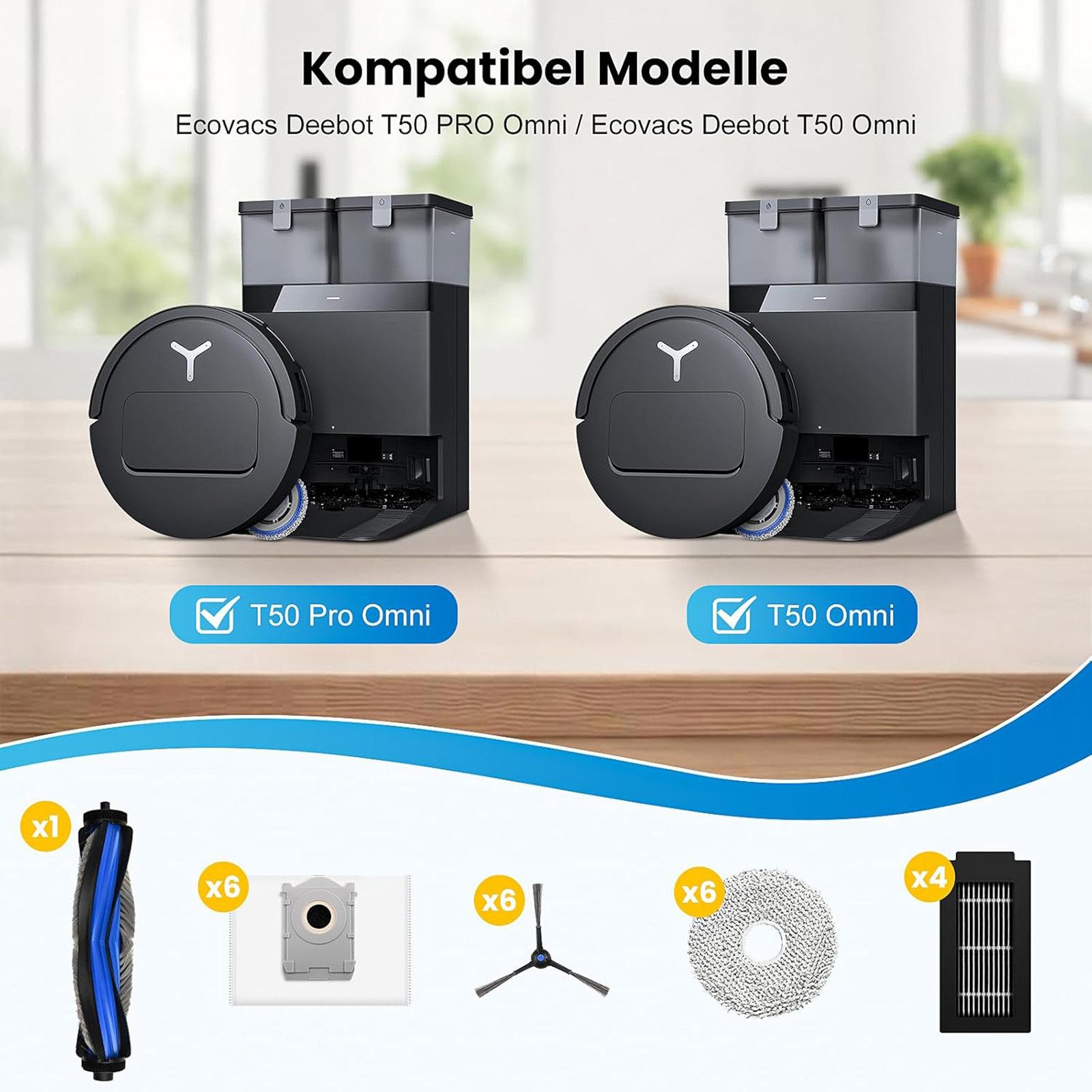 SURFOU Saugroboter Zubehör-Set 24 Stück Ersatzteile-Set für Ecovacs Deebot T50 Pro/Omni Saugroboter, 1 Hauptbürste, 4 Filter, 6 Mopptücher, 6 Seitenbürsten, 6 Staubbeutel