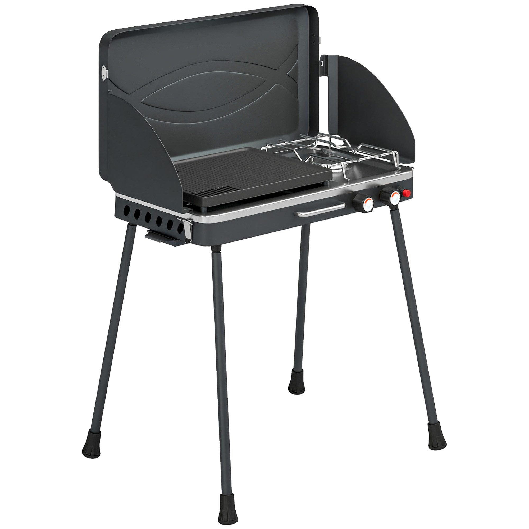 Novzep Gasgrill 2-in-1 Tragbarer Gasgrill 2 Brenner Tischgrill, mit Braten klappbar Beinen Grillrost Windschutz Deckel Verschluss