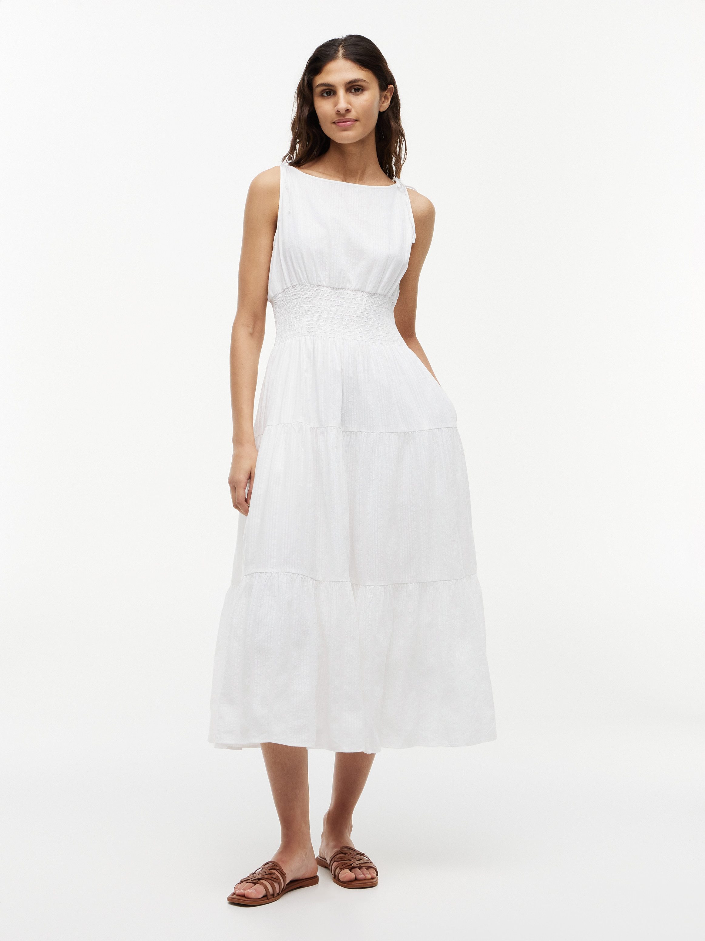 Tommy Hilfiger Trägerkleid SMOCK TIE NS MIDI DRESS Baumwollmischung, Smok-Einsatz
