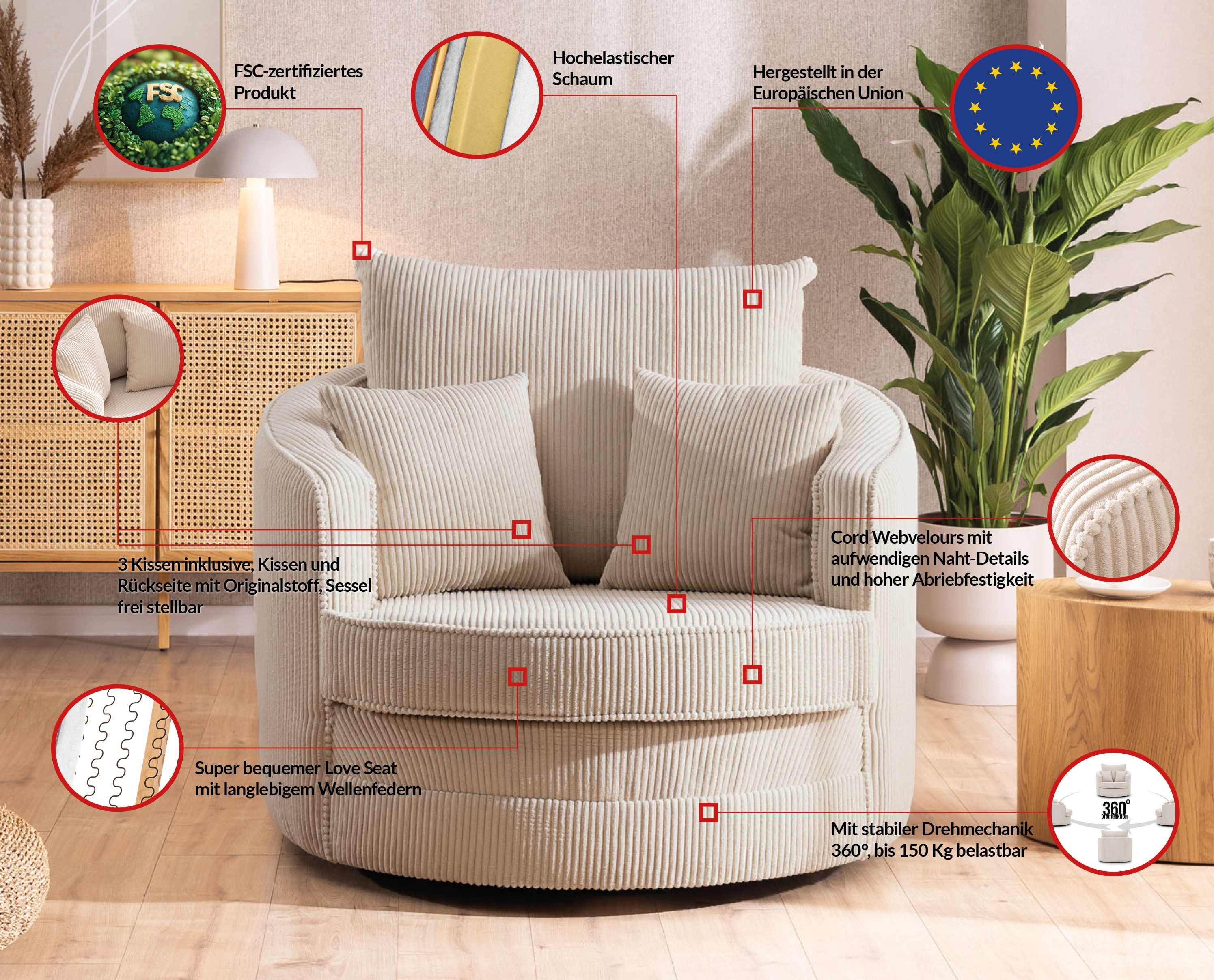 S-Style Möbel Drehsessel Ted Love Seat XXL 360 Grad drehbar aus Cord-Stoff, mit Wellenfederung