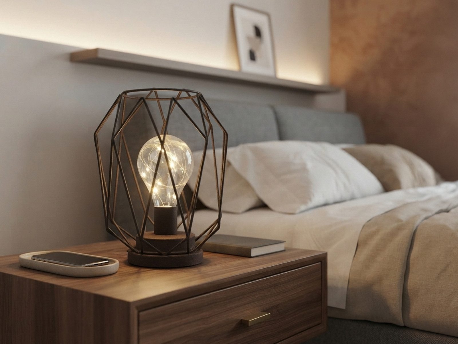 meineWunschleuchte LED Dekolicht kabellos mit Batterie-Betrieb, Höhe 21cm, LED fest integriert, warmweiß, kleine Industrial Tischlampe ohne Kabel für Fensterbank & Kommoden