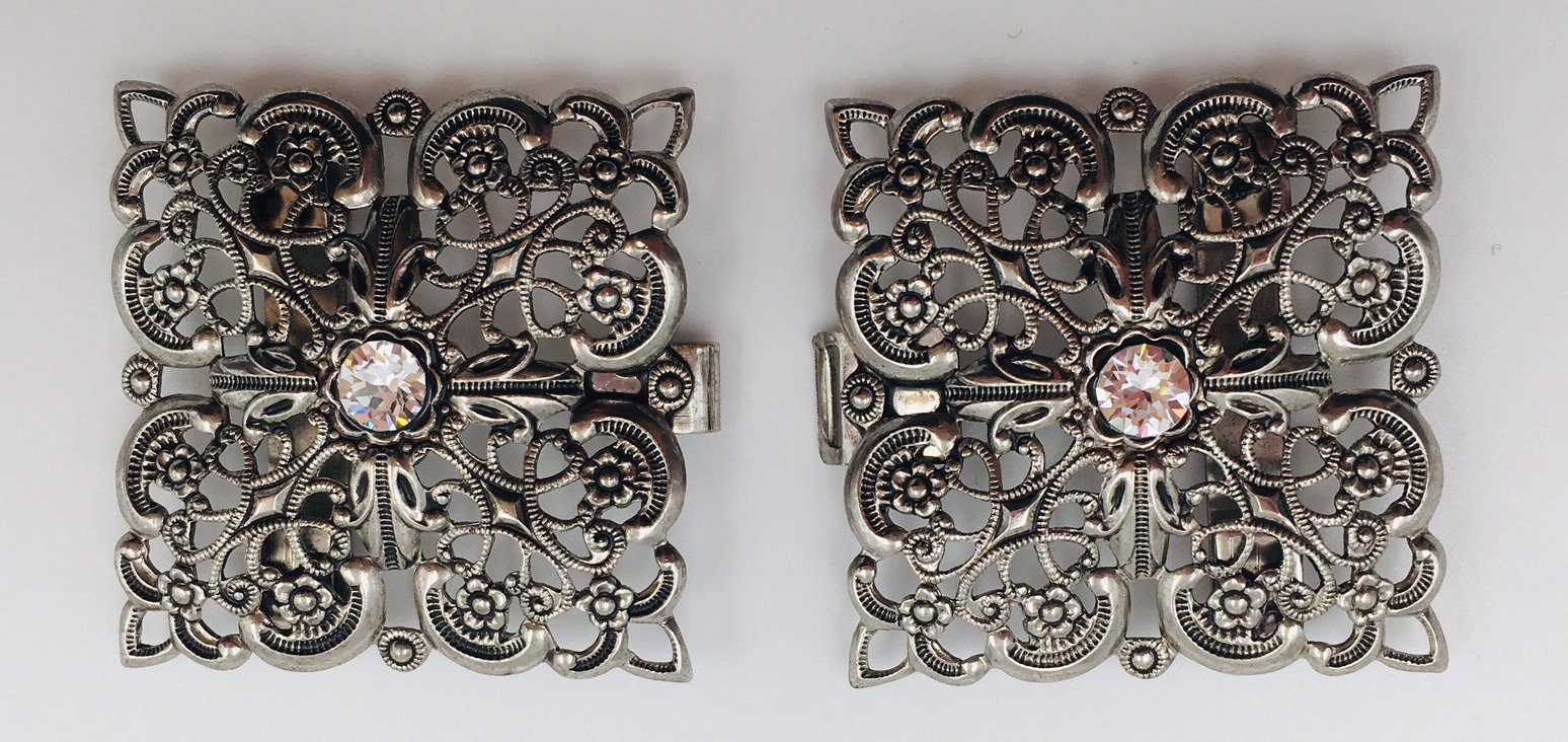 Pezzo D'oro Gürtelschnalle Schürzenschließe, Dirndlschließe, Swarovskisteine, altsilber (2-teilig)