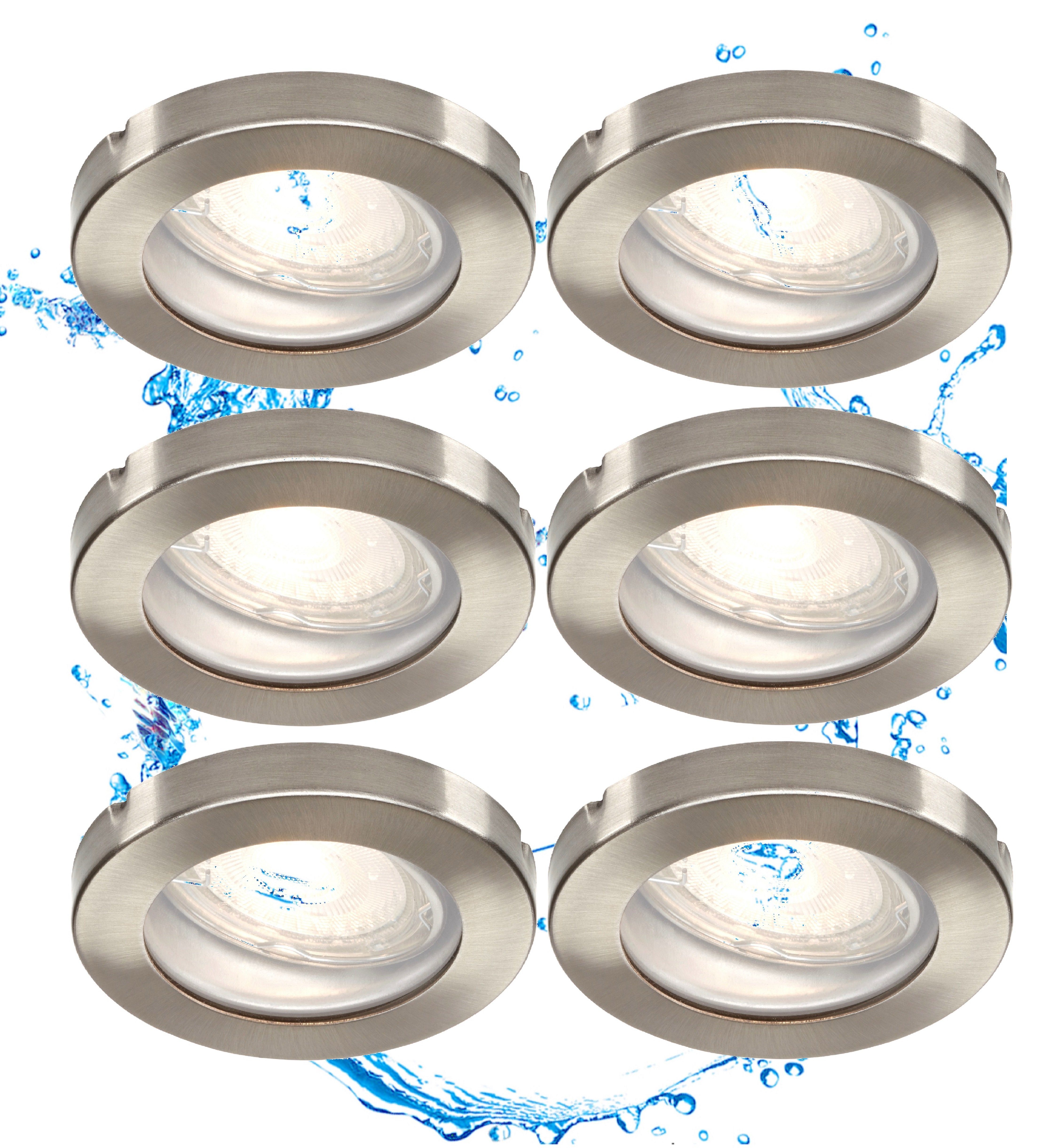 TRANGO LED Einbauleuchte, 6er Set 6729IP65-069MO IP65 LED Einbaustrahler in Aluminium gebürstet inkl. 6x 5 Watt 3000K warmweiß Ultra Flach LED Modul für Bad, Dusche, Einbauspots, Deckenstrahler, Deckenlampe, Badleuchte