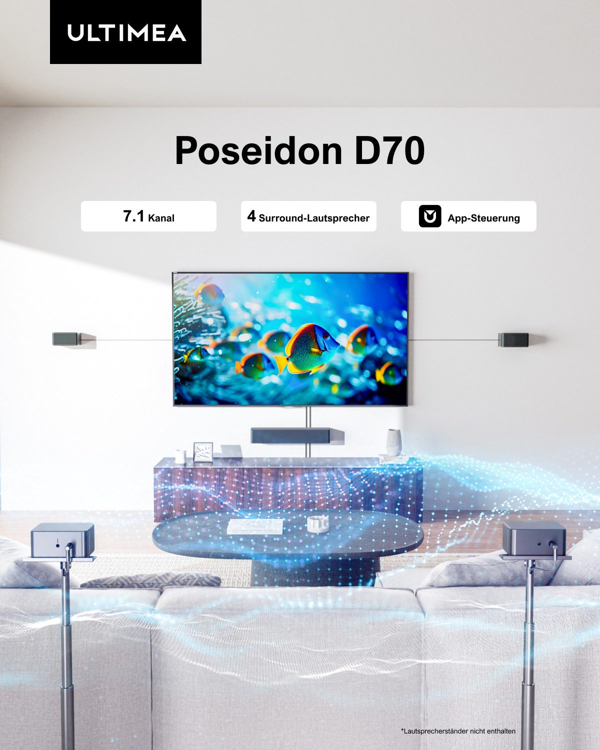 Ultimea Poseidon D70 Soundbar 7.1 Virtual Surround Sound (Bluetooth, 410 W, Mit einstellbarem Subwoofer und Surround-Lautsprechern, App-Steuerung)