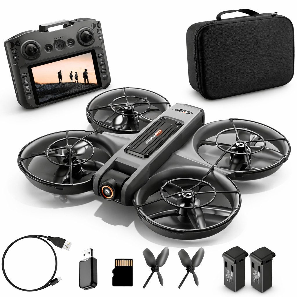 Goldstern-Tech RC-Quadrocopter (Drohne mit 12,5-cm HD-Display-Fernsteuerung, komplett geschütztem Propellerdesign), Dualkamera mit 90° Winkel & 50x Zoom, Optical-Flow, Brushless-Motoren