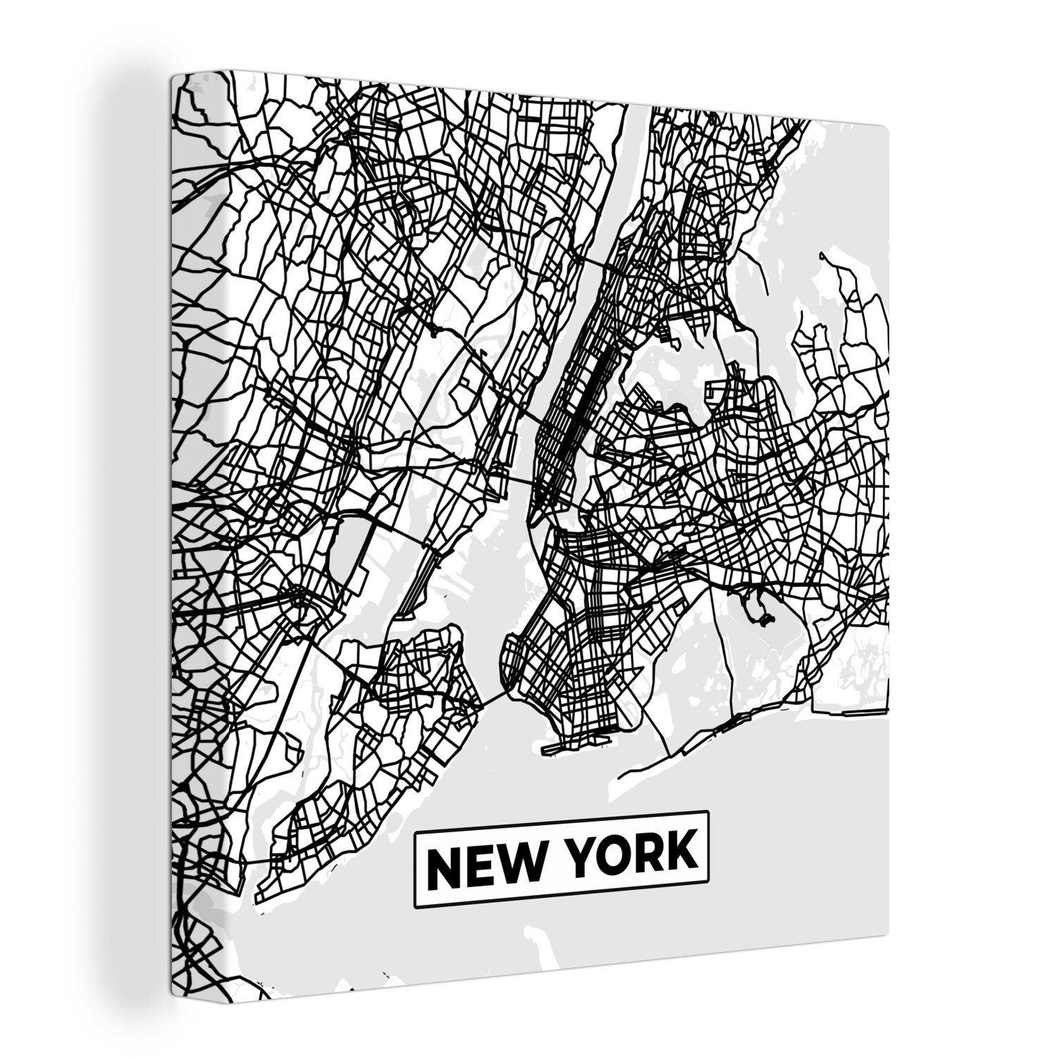 OneMillionCanvasses® Leinwandbild Stadtplan - Karte von New York - Schwarz und Weiß, (1 St), Leinwand Bilder für Wohnzimmer Schlafzimmer