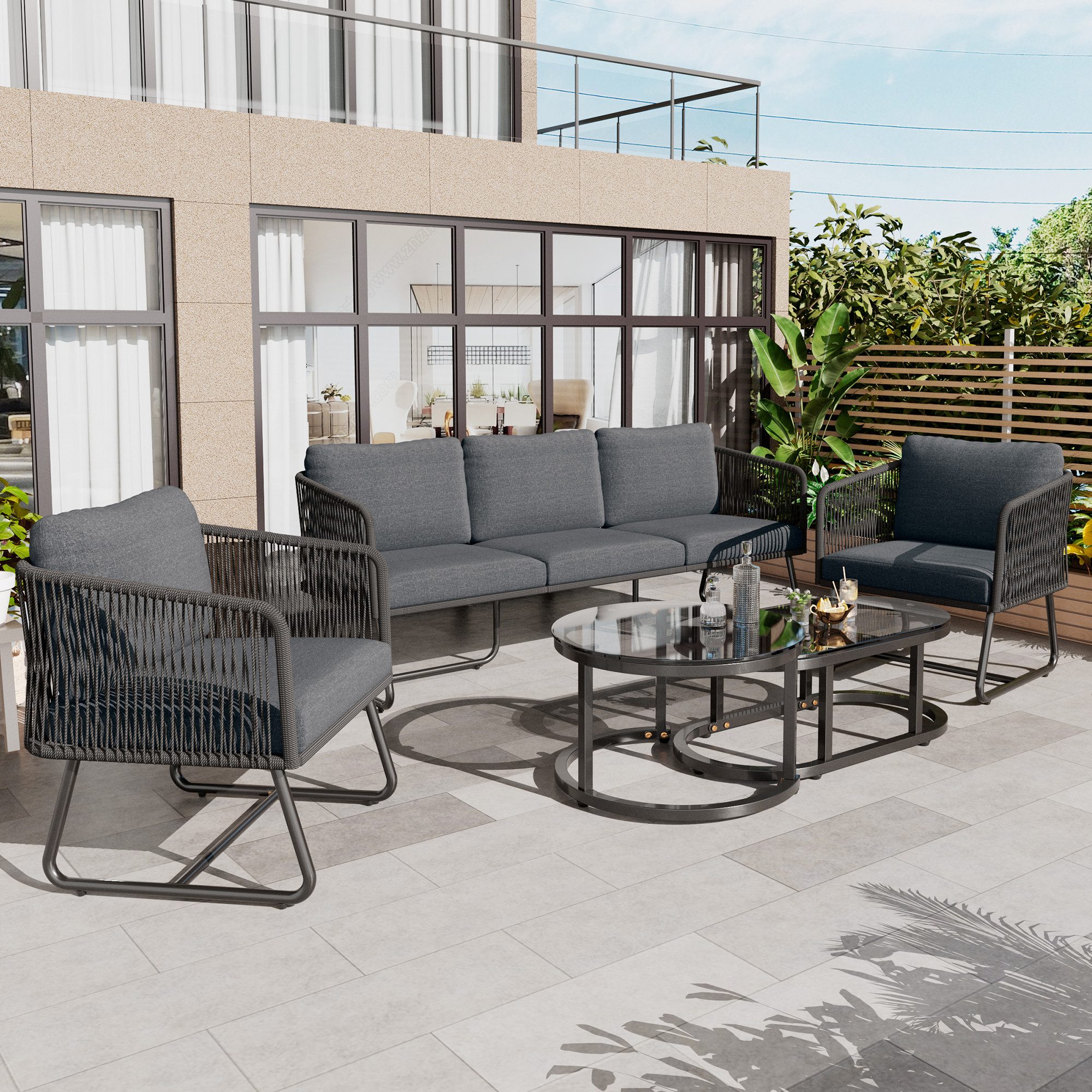 Merax Gartenlounge-Set für 5 Personen mit verzinkten Eisenrahmen mit Glastischplatte, (5-tlg., 1 3-Sitzer-Sofa, 2 Sessel, 2 Couchtische), Gartenmöbel Set Seil Lounge Set, Balkonmöbel, Sitzgruppe