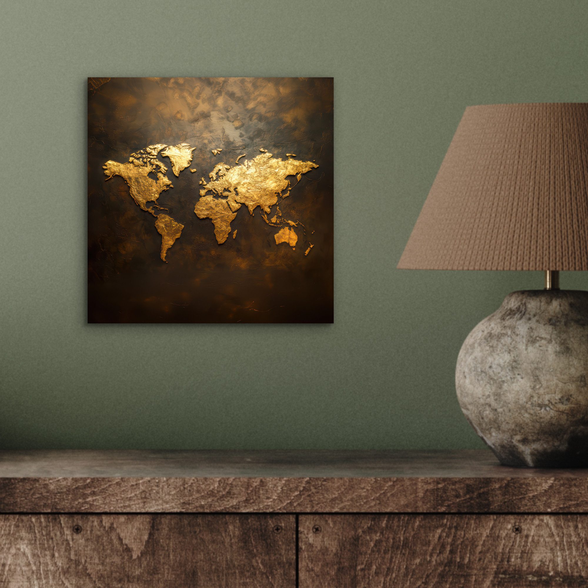 MuchoWow Metallbild Weltkarte - Gold - Rost, Inkl. Aufhängung, Alu-Dibond-Druck, Wandbild aus Metall, Aluminium deko, 20x20 cm – Bild 4 von 5