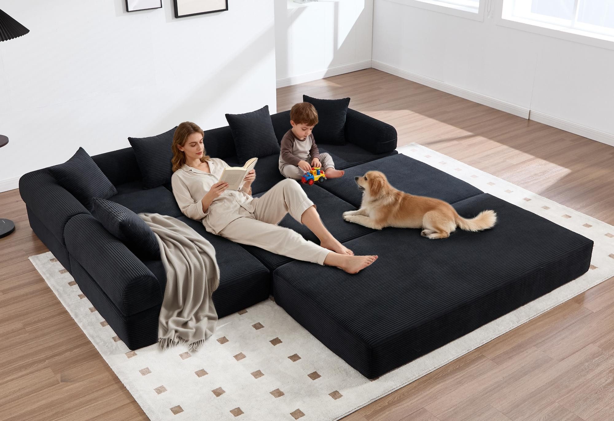 LVHOM Loungesofa Modulsofa mit Schlaffunktion, Seitentaschen, U-/L-Sofa, Fünfsitzer, 2xEinzelsessel + 1xDreisitzer, kombinierbar, Schlafsofa(Jedes Modul entfaltet sich zu separater Schlaffläche), 5 Zierkissen, Cordstoff, reichhaltige Füllung, 300 kg belastbar, tierfreundlich, kratzfest, knitterarm, Metall-Cord-Kombination, einfache Montage, Wohnzimmer/Homeoffice/Schlafzimmer/Gästeübernachtung