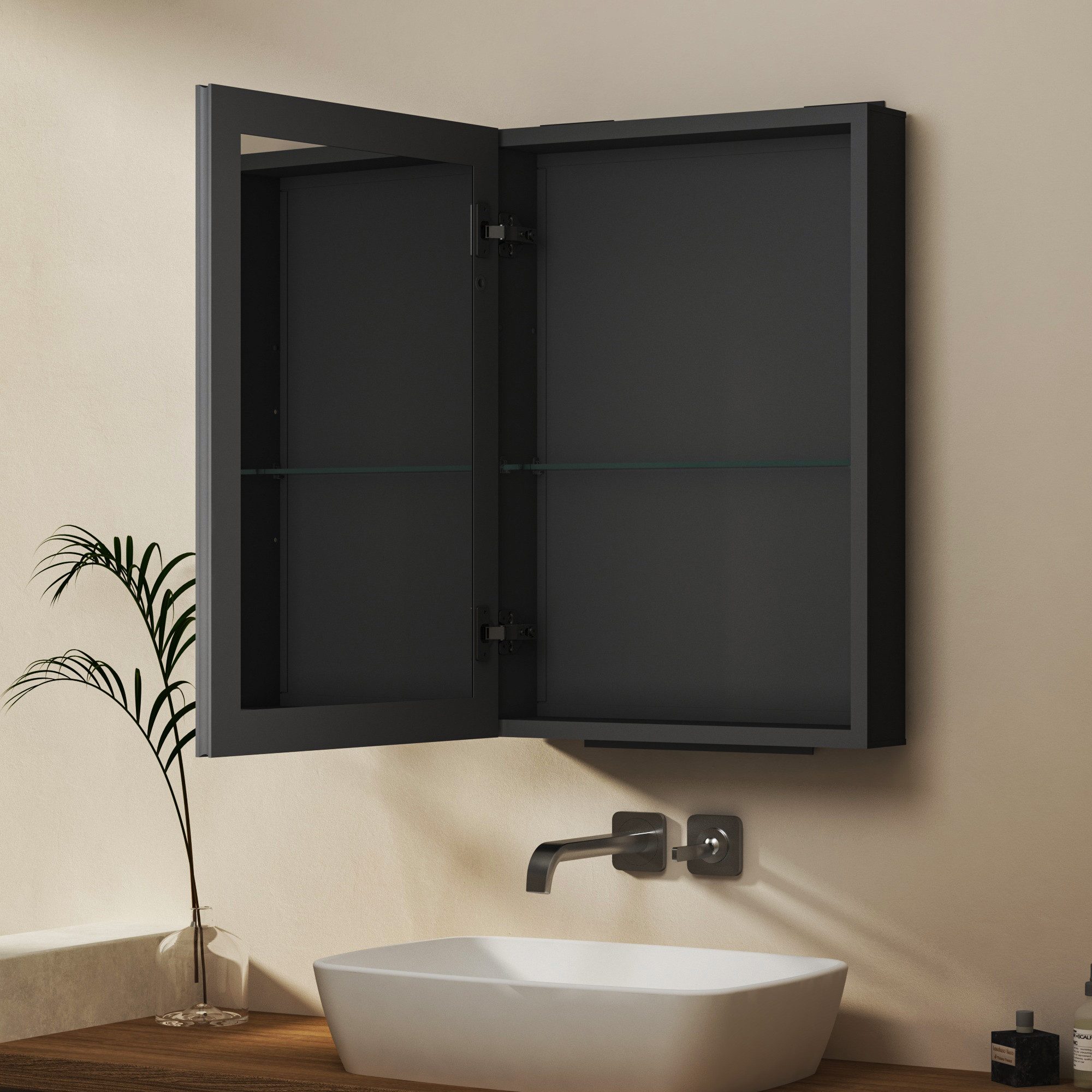 Hopibath Badezimmerspiegelschrank Alu Spiegelschrank Schwarz 2türig 80x60cm günstig online kaufen