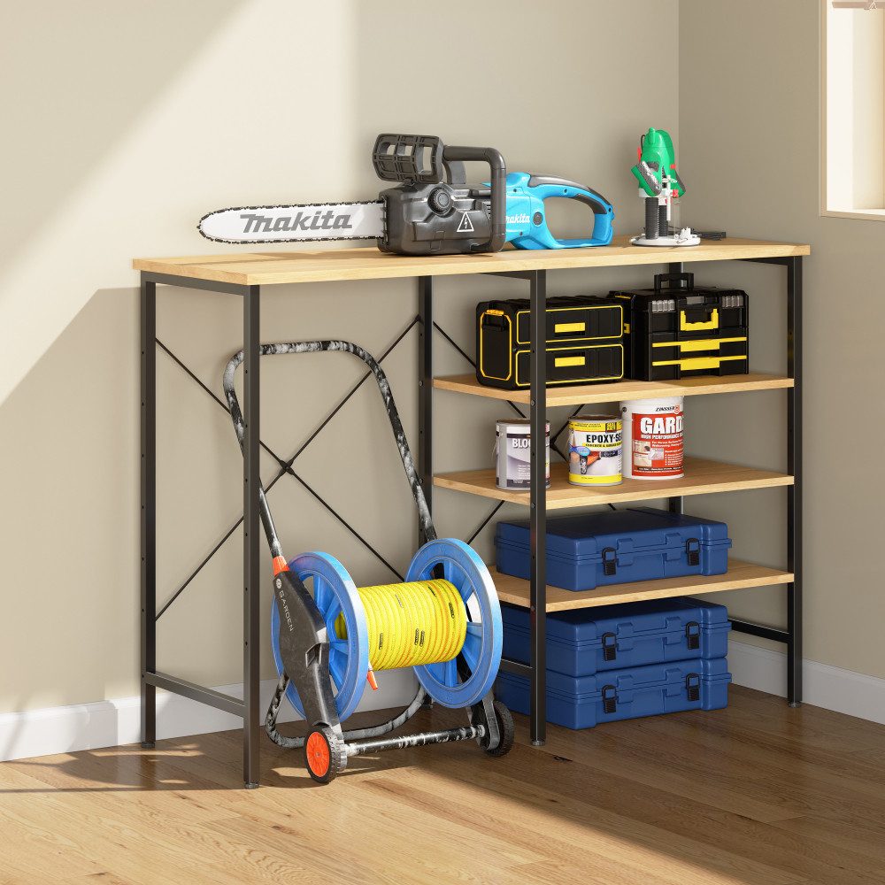 BBG Regal-Schreibtisch Multifunktionaler Ablagetisch 120x40x85,5 cm (Regal frei kombinierbar), Flexibel montierbarer Organizer mit Metallgestell & Holzoptik