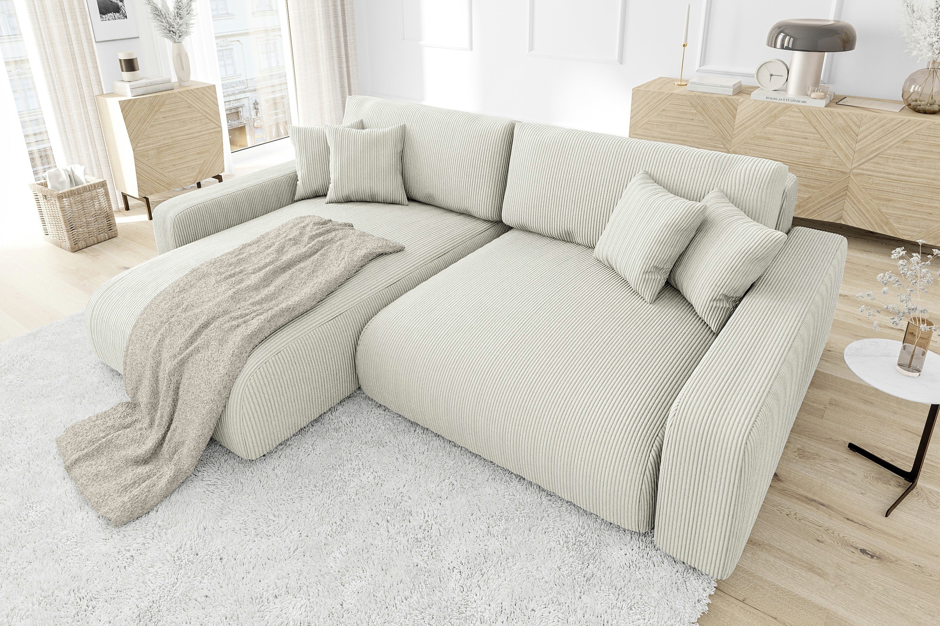 S-Style Möbel Ecksofa Emma mit Bettfunktion in Cord-Stoff, schöner Sitzkomfort, Ottomane links oder rechts bestellbar, mit Wellenfederung