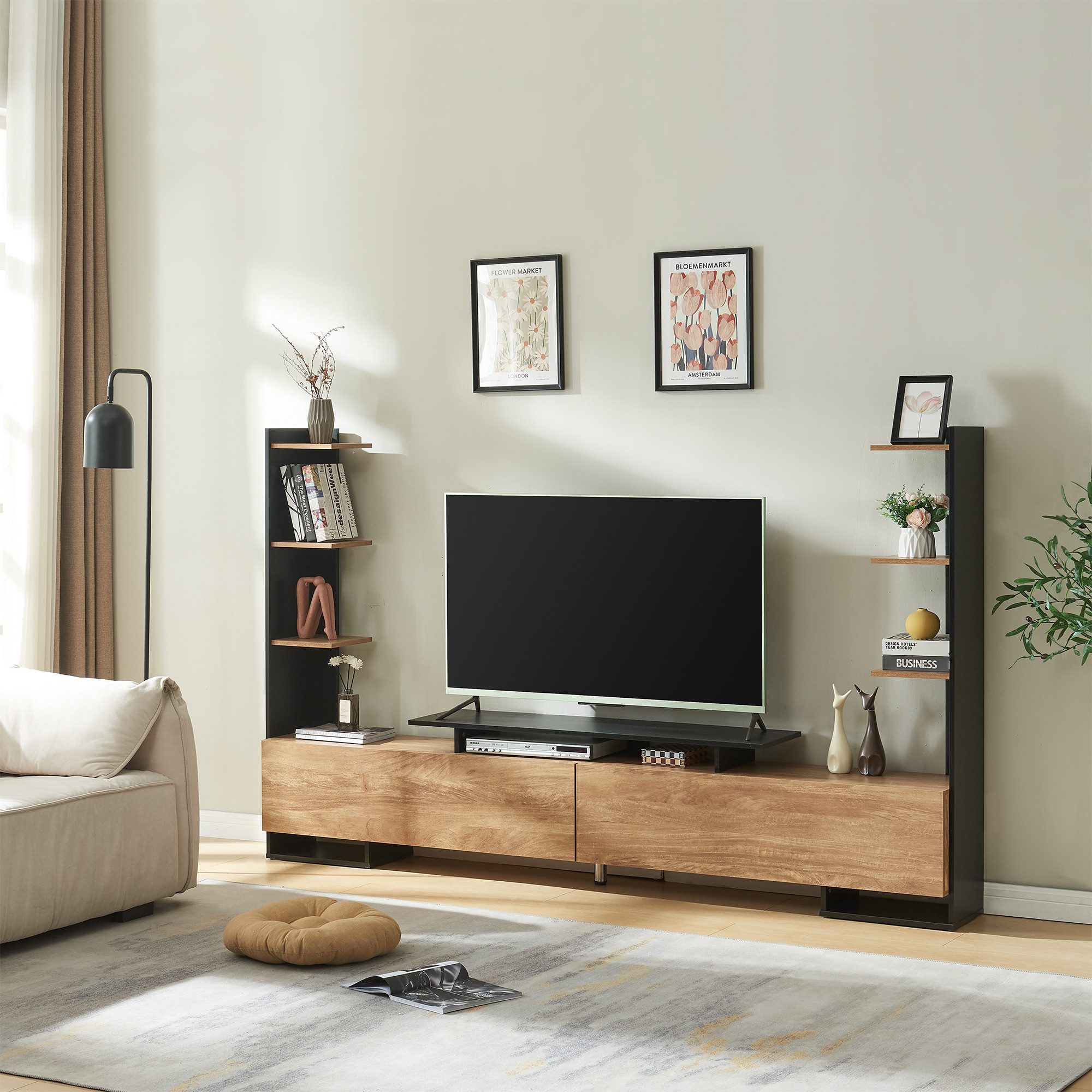 en.casa TV-Schrank »Rauki« mit Seitenregalen 233 x 31 x 141 cm Schwarz/Mango-Holzoptik