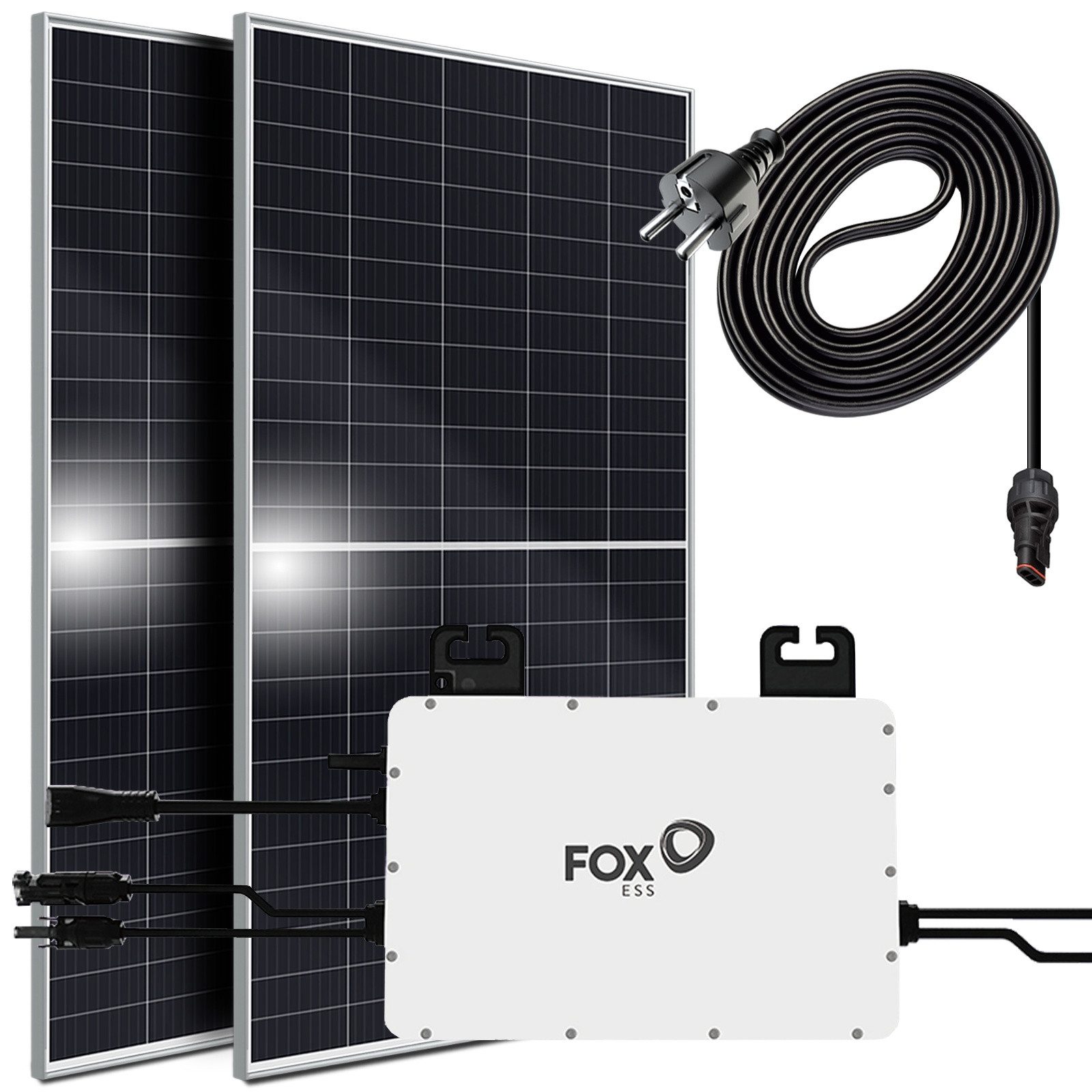SUNNIVA Balkonkraftwerk 900W/800W komplett Steckdose, (FOX ESS 800W Wechselrichter - PV Solaranlage Komplettset - 2x 450W Solarmodule - inkl. 5m Kabel - Bluetooth WIFI)