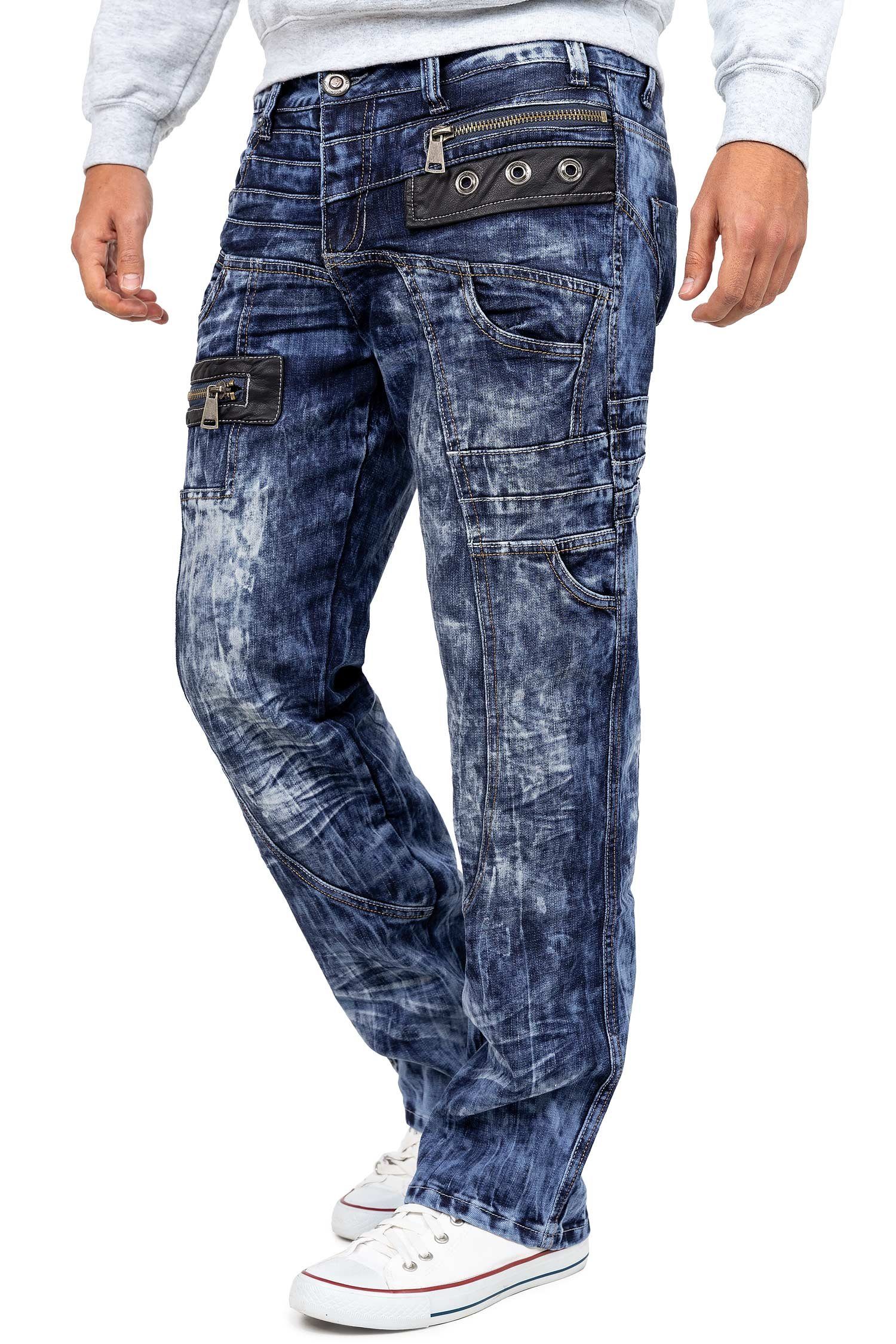 Kosmo Lupo 5-Pocket-Jeans Herren Regular Fit Hose Stonewashed KM012 (1-tlg) Kontrastnähte in Orange/Weiß und Ziernähte